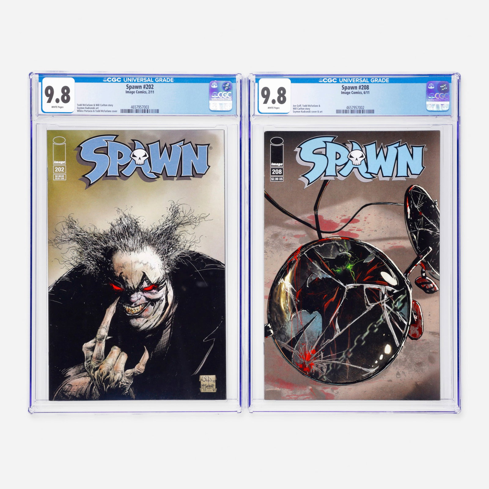 2 Image Comics Spawn #202 and #208 CGC 9.8 Group: 2 Image Comics Spawn #202 and #208 CGC 9.8 Group USA, 2011 Image Comics Spawn #202 CGC 9.8 (2/11) CGC#: 4657957003 Population: 33 in 9.8, 0 higher view cgc certificate Page Quality: white Condition