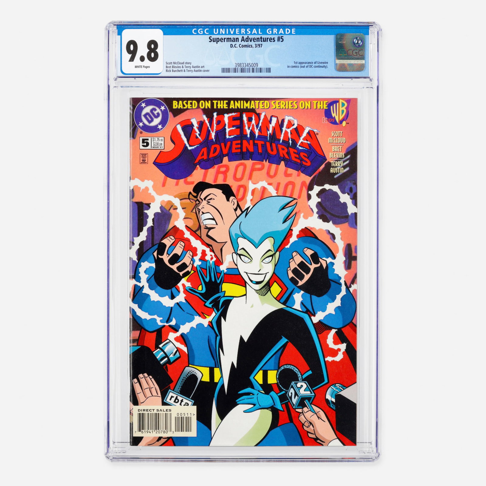 DC Comics Superman Adventures #5 CGC 9.8: DC Comics Superman Adventures #5 CGC 9.8 USA, 1997 This Modern Age issue marks the first appearance of Livewire in comics (out of DC continuity). Story by Scott McCloud, with interior art by Bret Blev