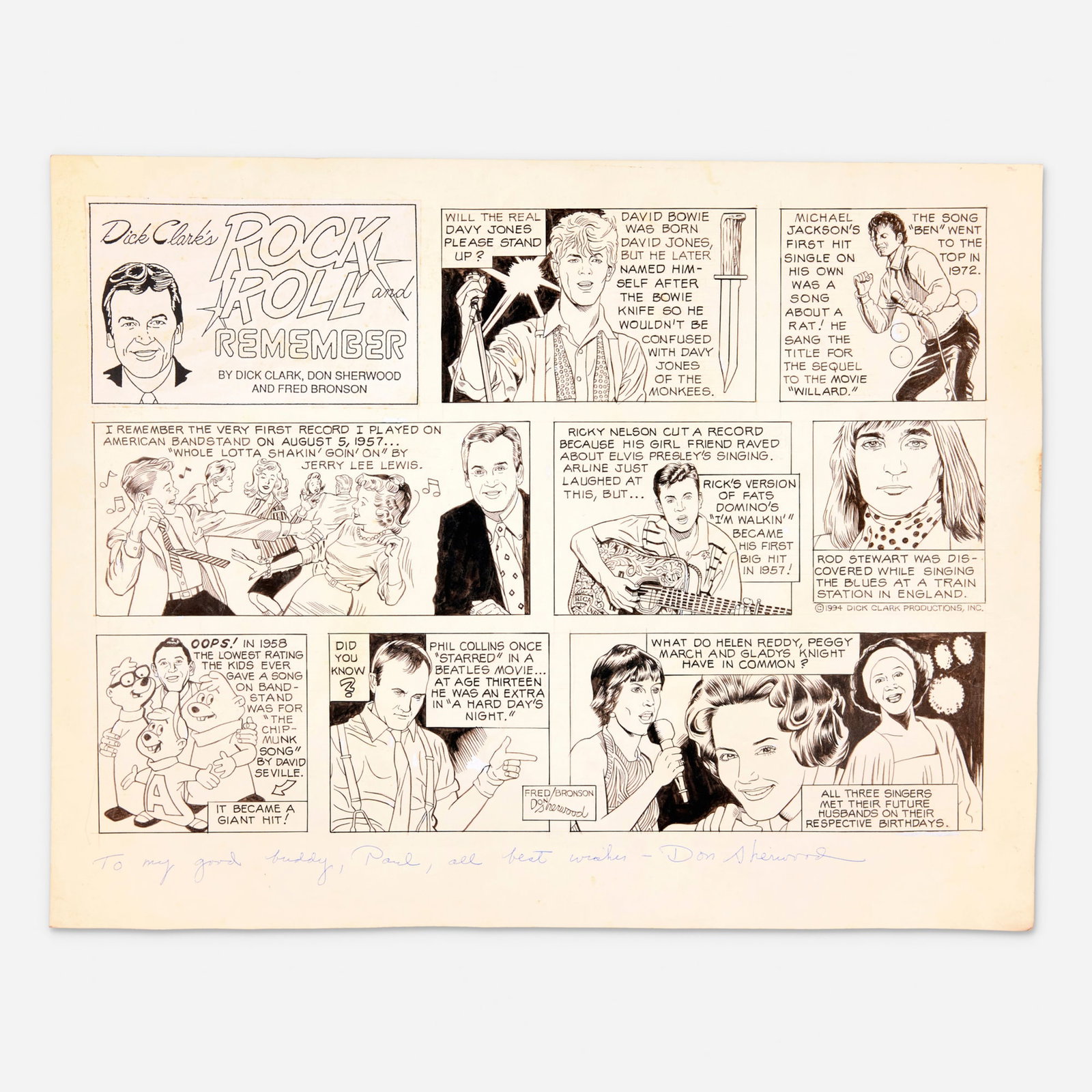 Don Sherwood, Dick Clark's Rock and Roll Remember Sunday Strip Original Art: Don Sherwood Dick Clark's Rock and Roll Remember Sunday Strip Original Art (Chicago Sun Times, 1994) USA pencil and ink on Bristol board, word balloons inked directly on board 18 h x 23.25 w in (46 x