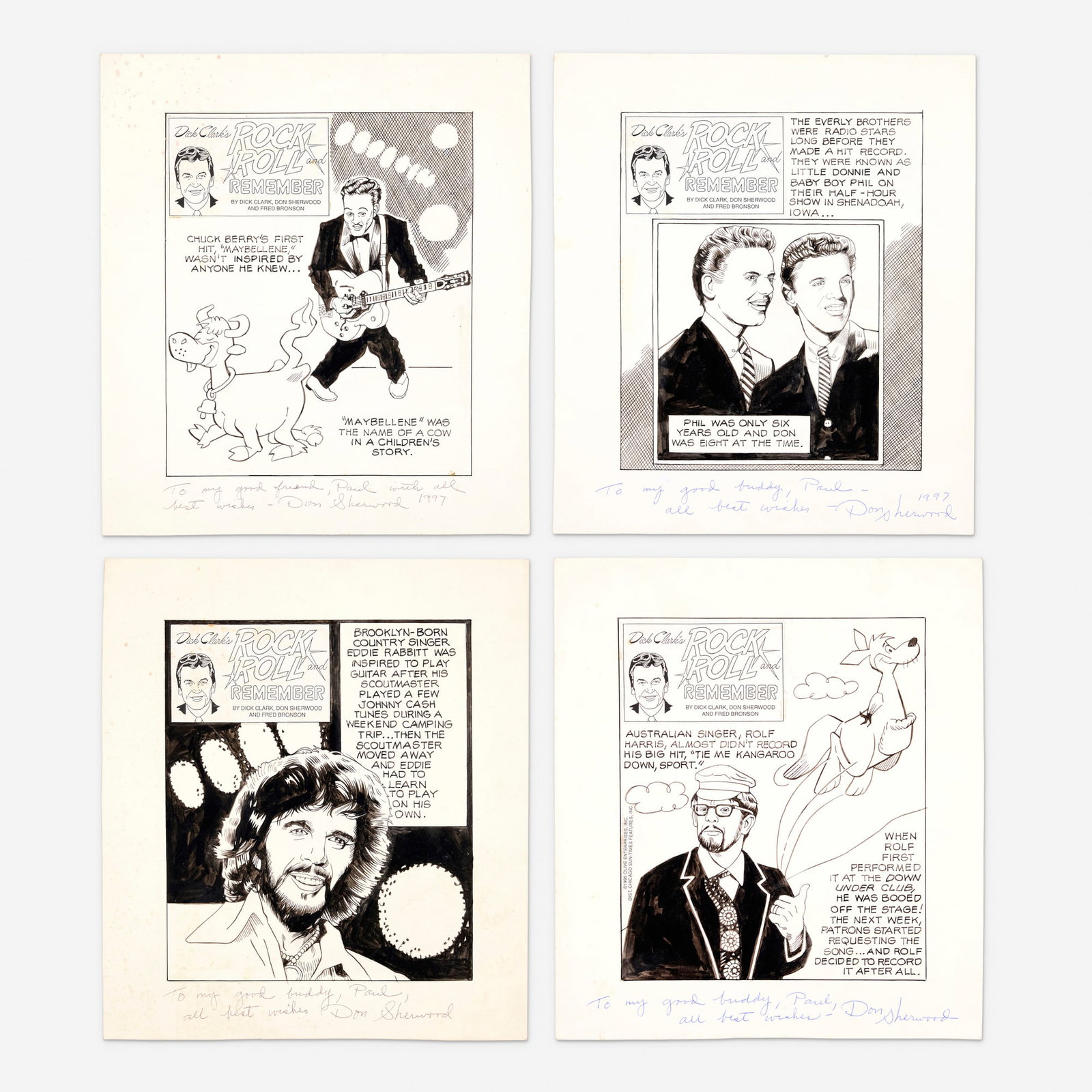 Don Sherwood, Group of 4 Dick Clark's Rock and Roll Remember Daily Strips Original Art: Don Sherwood Group of 4 Dick Clark's Rock and Roll Remember Daily Strips Original Art (Chicago Sun Times) pencil and ink on Bristol board, word balloons inked directly on board 12.75 h x 11.25 w in (3