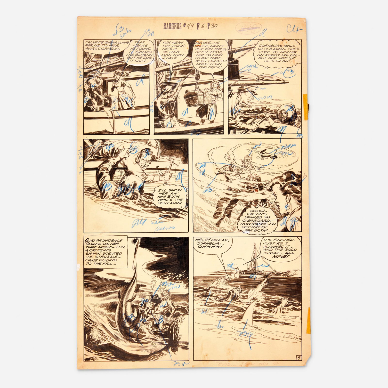 Ruben Moreira, Rangers Comics #44 Story Page 30 Original Art (Fiction House, 1948): Ruben Moreira Rangers Comics #44 Story Page 30 Original Art (Fiction House, 1948) pencil and ink on Bristol board, word balloons inked directly on board 19.75 h x 13.088 w in (50 x 33 cm) This is an