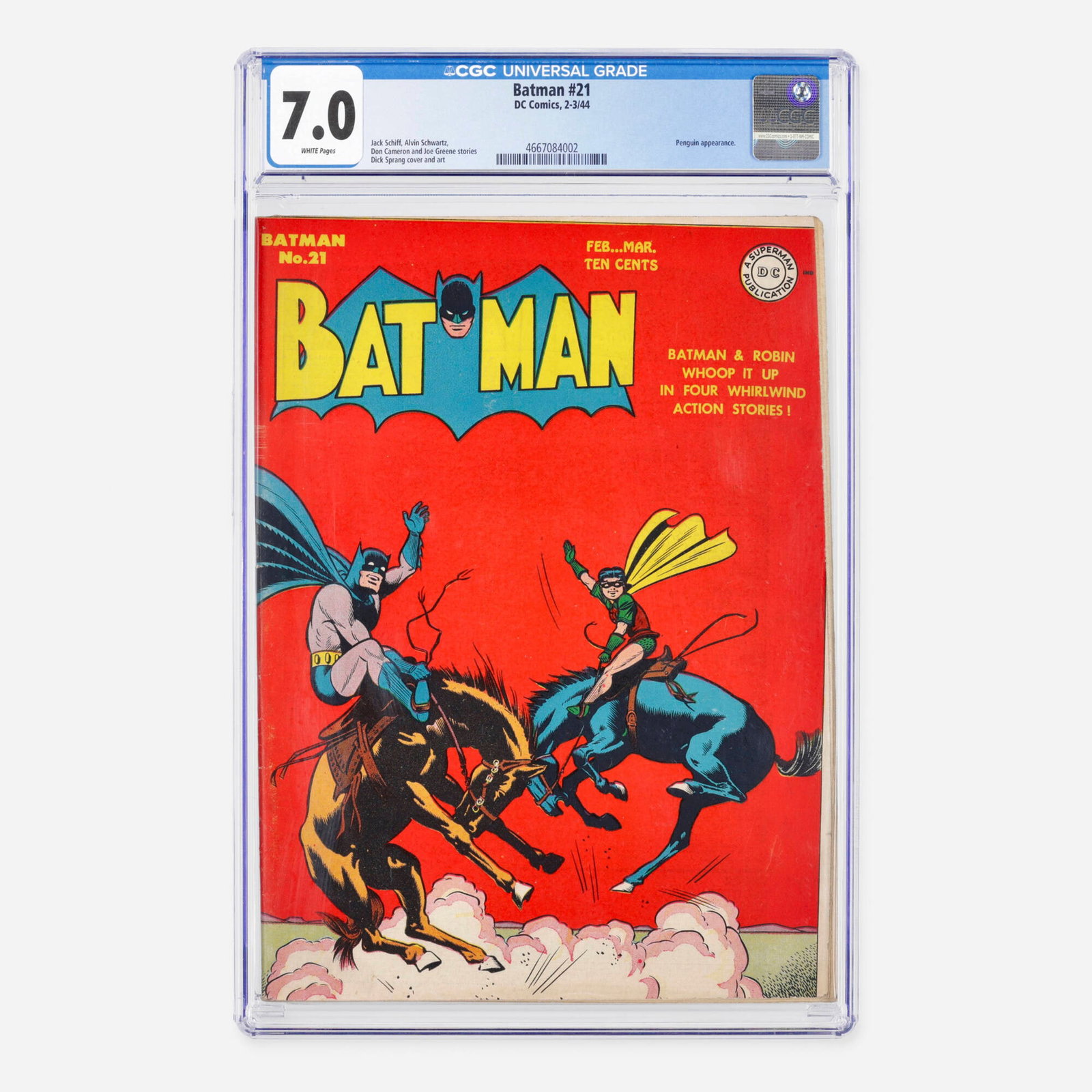 DC Comics Batman #21 CGC 7.0: DC Comics Batman #21 CGC 7.0 USA, 1944 A beautiful high grade example with exceptional eye appeal and vivid cover colors, highlighted by the brilliant red that practically jumps off the cover. Further
