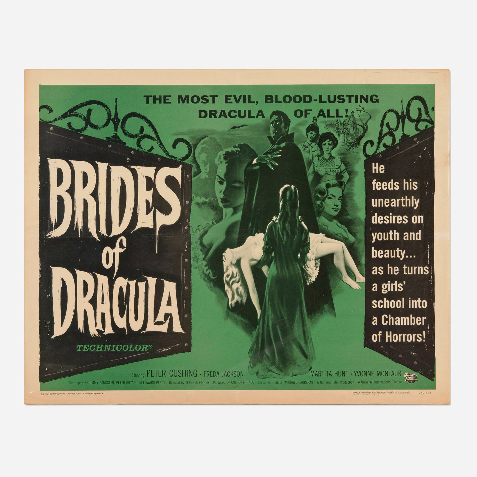 Brides of Dracula (Hammer Film Productions, 1960): Brides of Dracula (Hammer Film Productions, 1960) half sheet 22 h x 28 w in (56 x 71 cm) Rarely are Dracula's female vampire companions given center stage, but this iconic entry makes a strong case