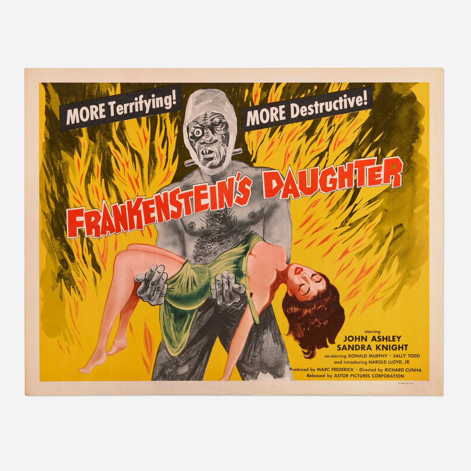 Frankenstein's Daughter (Layton Films, 1958): Frankenstein's Daughter (Layton Films, 1958) half sheet 22 h x 28 w in (56 x 71 cm) Continuing the famous cinematic legacy, this B-movie entry follows Dr. Frankenstein's grandson as he conducts