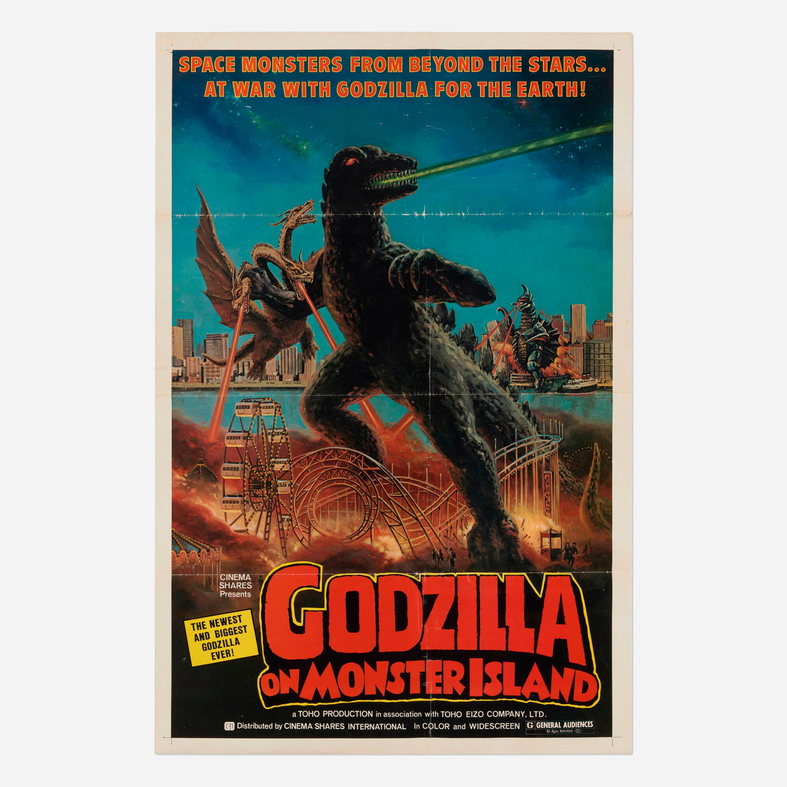 Godzilla on Monster Island (Toho, 1972): Godzilla on Monster Island (Toho, 1972) one sheet 41 h x 27 w in (104 x 69 cm) A comedic and high energy entry into the Toho Kaiju universe, Godzilla on Monster Island-also known as Godzilla vs. Gigan