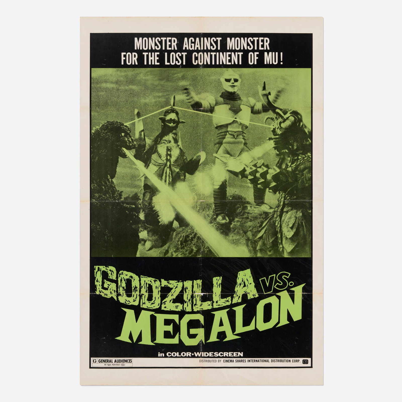 Godzilla vs. Megalon (Toho, 1973): Godzilla vs. Megalon (Toho, 1973) one sheet 41 h x 27 w in (104 x 69 cm) A late-Showa era kaiju favorite, this wild entry pits Earth's giant protector and the heroic robot Jet Jaguar against the