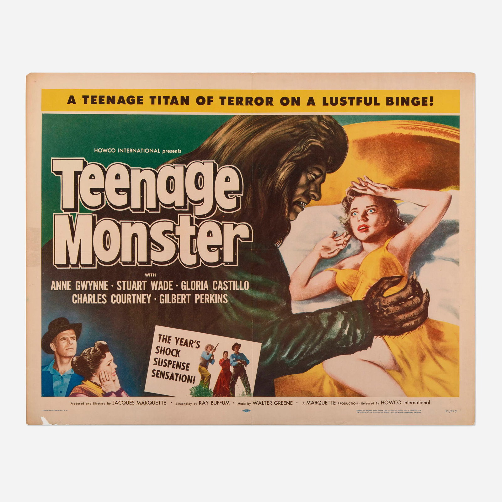 Teenage Monster (Marquette Productions, 1957): Teenage Monster (Marquette Productions, 1957) half sheet 22 h x 28 w in (56 x 71 cm) A wild, campy take on teenage angst, this cult sci-fi entry follows a mother who tries to hide her beastly,
