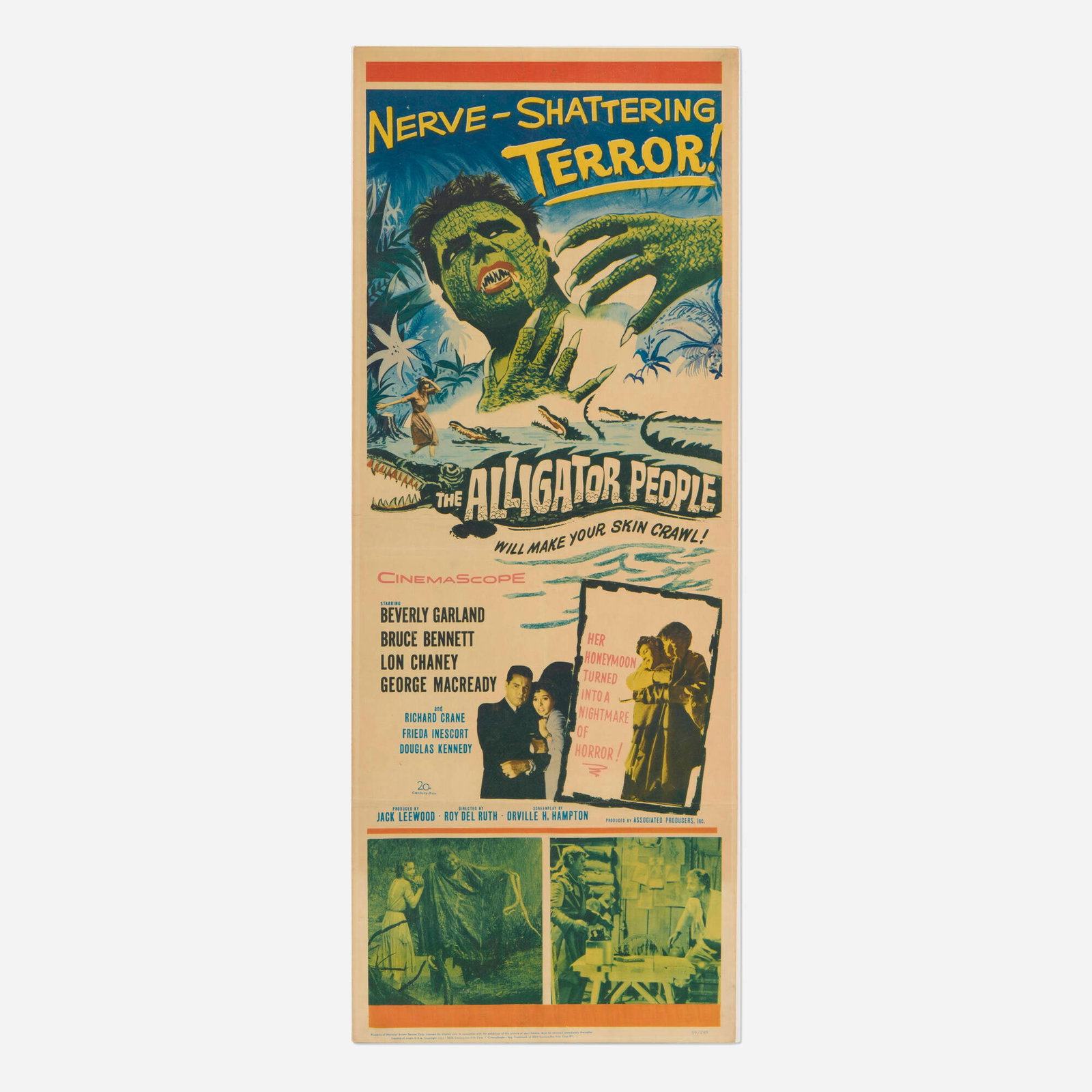 The Alligator People (20th Century Fox, 1959): The Alligator People (20th Century Fox, 1959) insert 36 h x 14 w in (91 x 36 cm) A delightfully campy entry into the 1950s body horror genre, this film follows a distraught newlywed as she unravels