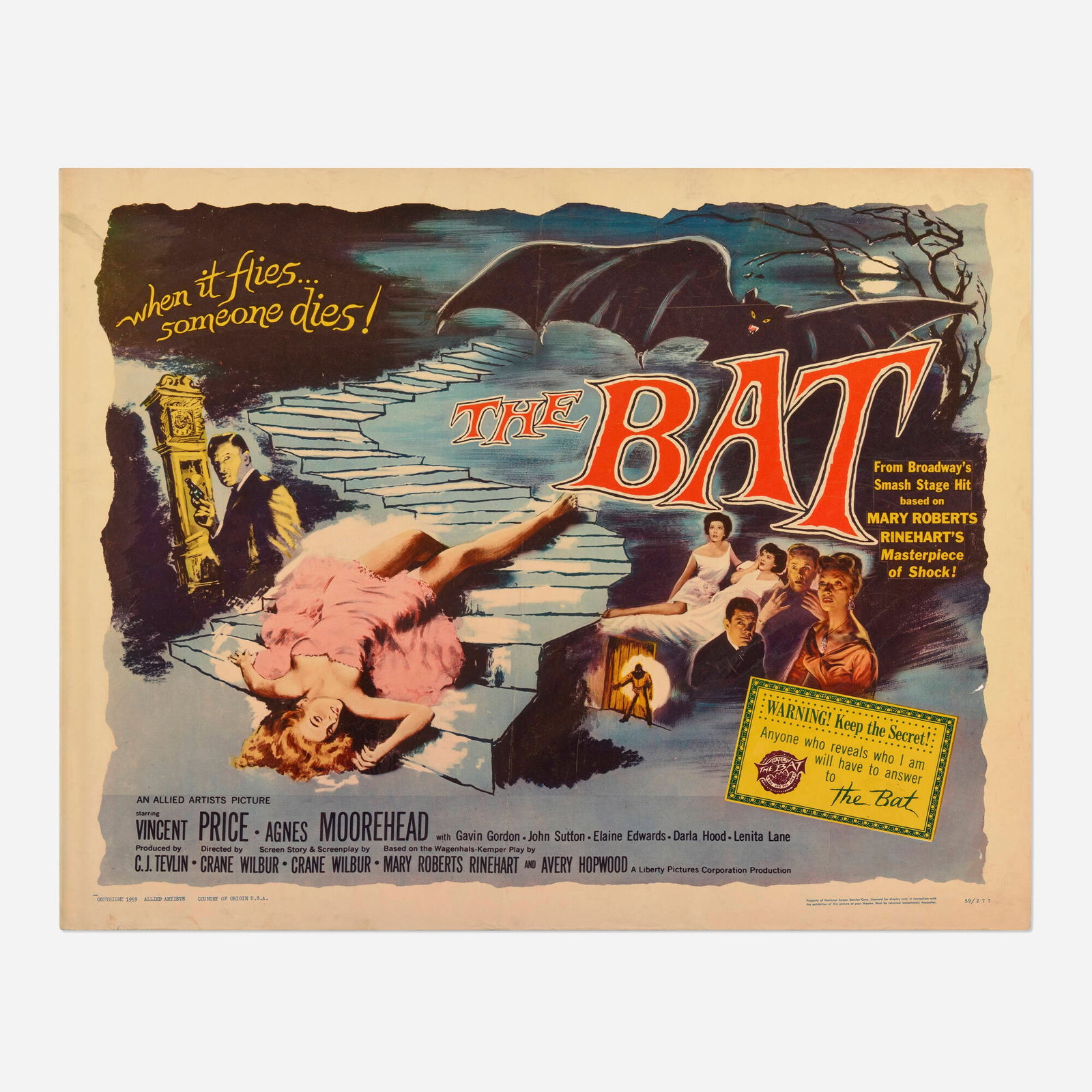 The Bat (Allied Artists, 1959): The Bat (Allied Artists, 1959) half sheet 22 h x 28 w in (56 x 71 cm) When a mysterious, clawed killer known as The Bat terrorizes a secluded mansion, a resilient mystery writer and a local doctor