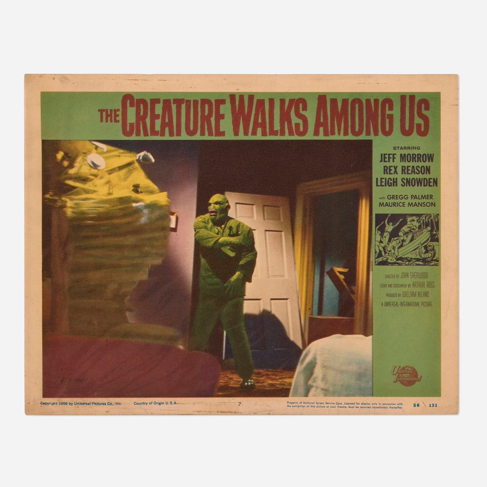 The Creature Walks Among Us (Universal International, 1956): The Creature Walks Among Us (Universal International, 1956) lobby card 11 h x 14 w in (28 x 36 cm) The final chapter of the iconic Creature from the Black Lagoon trilogy, this film finds the Gill-man