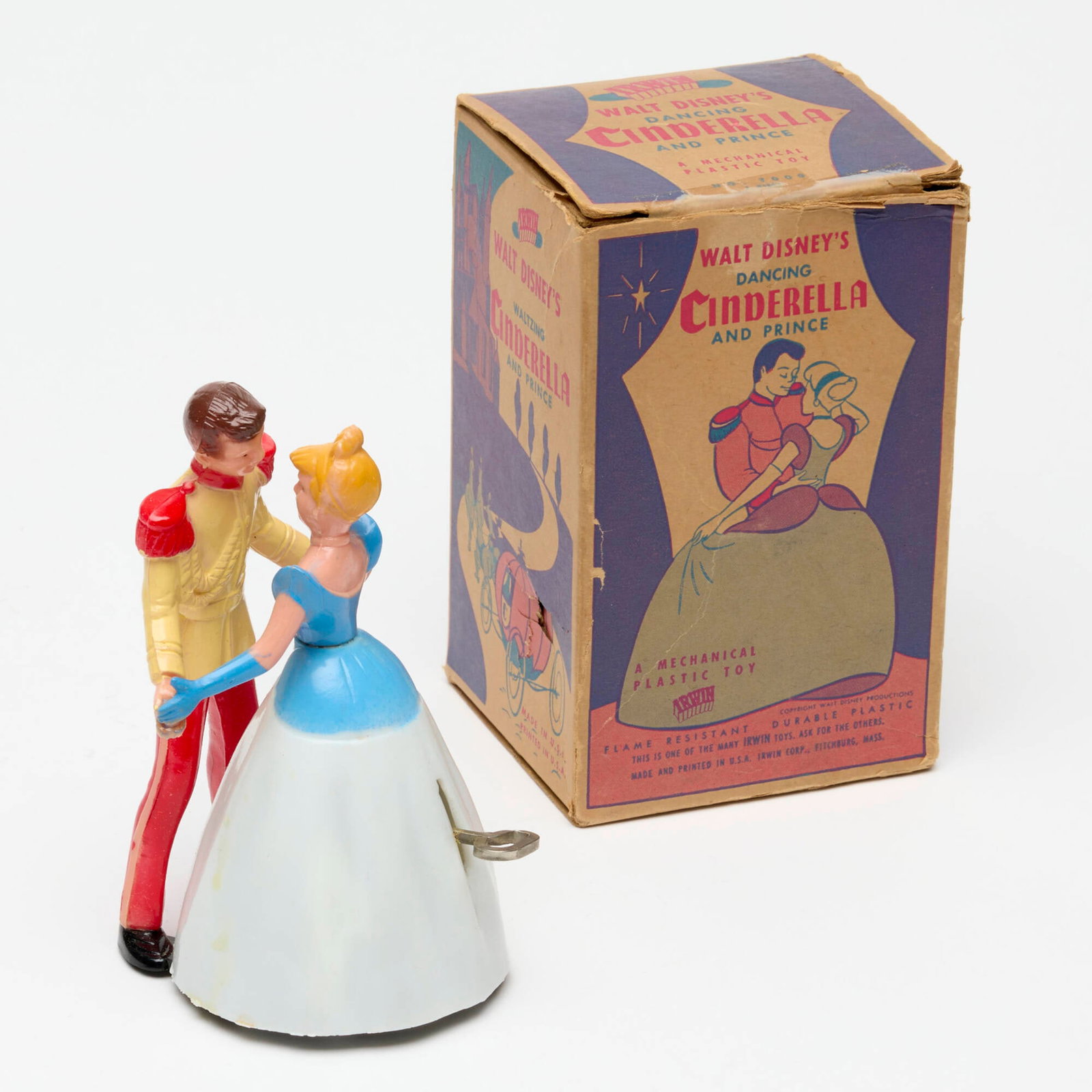 Irwin Plastic Walt Disney's Dancing Cinderella and Prince Wind-Up Boxed: Irwin Plastic Walt Disney's Dancing Cinderella and Prince Wind-Up Boxed USA 5.5 h x 3.5 w x 3.25 d in (14 x 9 x 8 cm) Condition Notes: Complete with box. Near unused condition with minimal wear to die