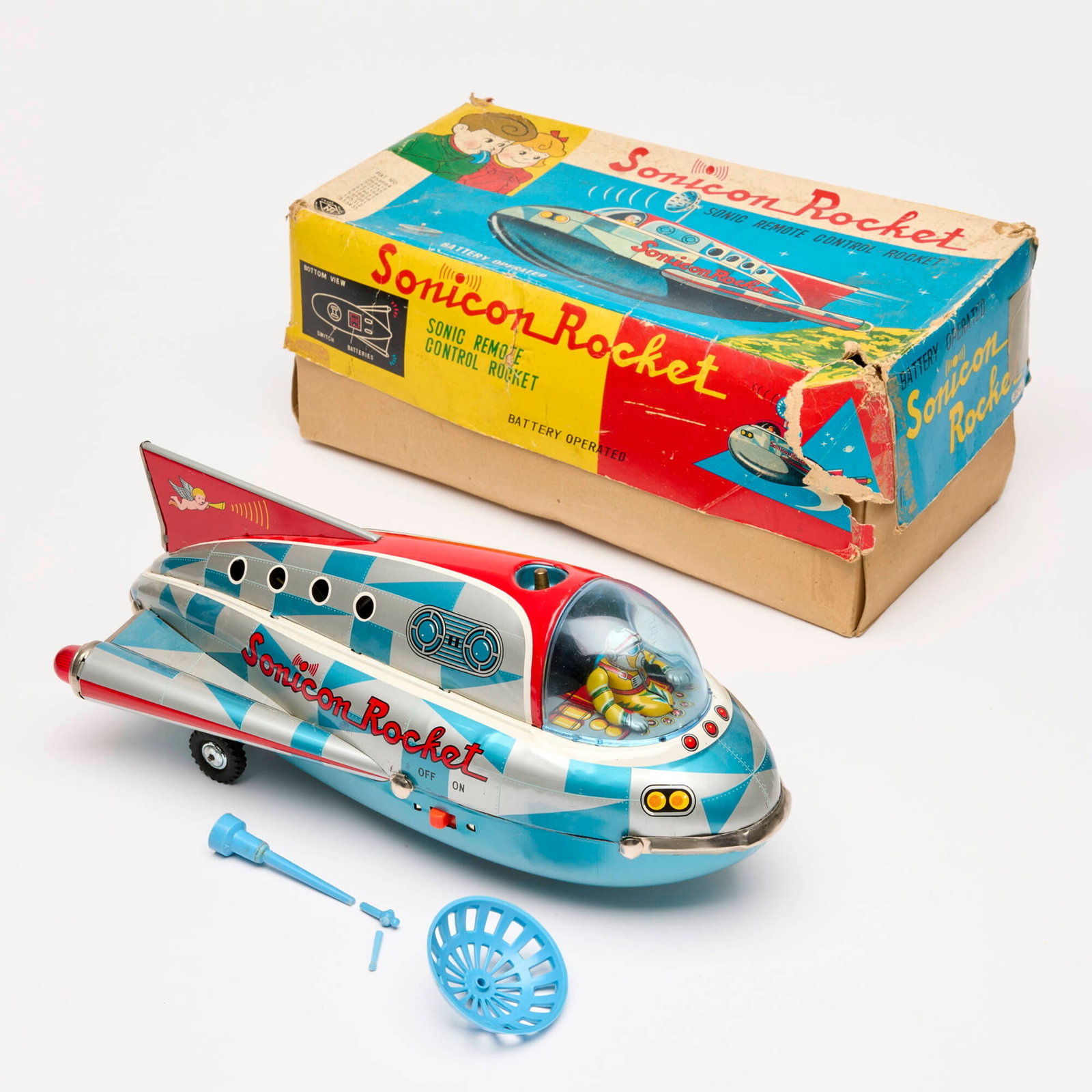 Masudaya Modern Toys Battery Operated Sonicon Rocket Boxed: Masudaya Modern Toys Battery Operated Sonicon Rocket Boxed USA 6.5 h x 14 w x 6 d in (17 x 36 x 15 cm) Tested and working.Condition Notes: Near unused condition with minimal wear to diecast from movin