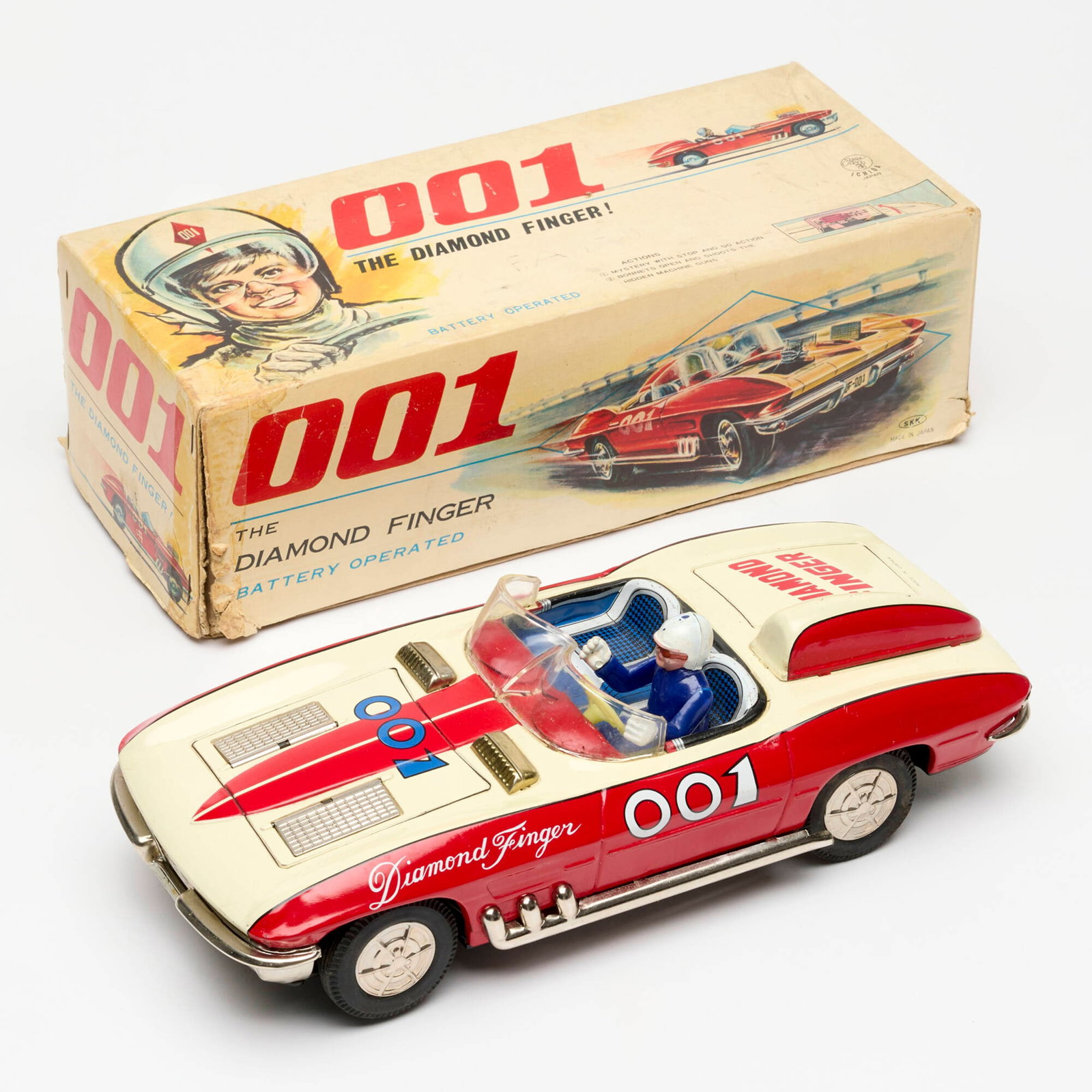 Rare Ichida 001 The Diamond Finger Tin Battery Operated Corvette Race Car Boxed: Rare Ichida 001 The Diamond Finger Tin Battery Operated Corvette Race Car Boxed Japan 5.5 h x 12.5 w x 4 d in (14 x 32 x 10 cm) Tested and working.Condition Notes: Minimal wear to diecast from moving 