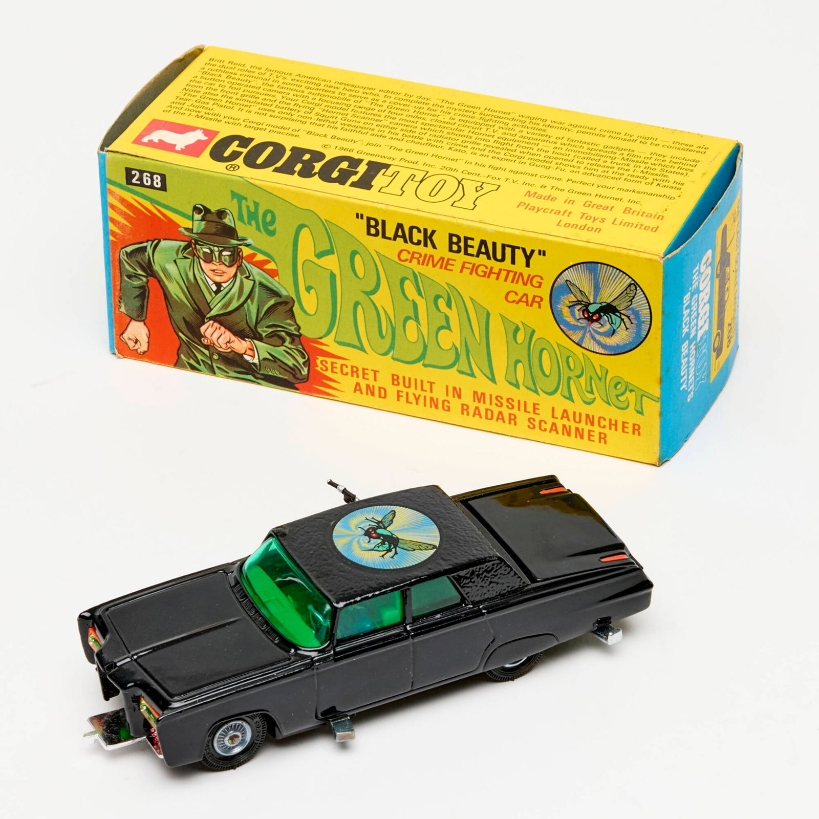 1966 Corgi Toys 268 The Green Hornet Black Beauty Crime Fighting Car Unused: 1966 Corgi Toys 268 The Green Hornet Black Beauty Crime Fighting Car Unused United Kingdom, 1966 2.5 h x 5.75 w x 2.5 d in (6 x 15 x 6 cm) Secret Instructions packet still sealed.Condition Notes: Comp