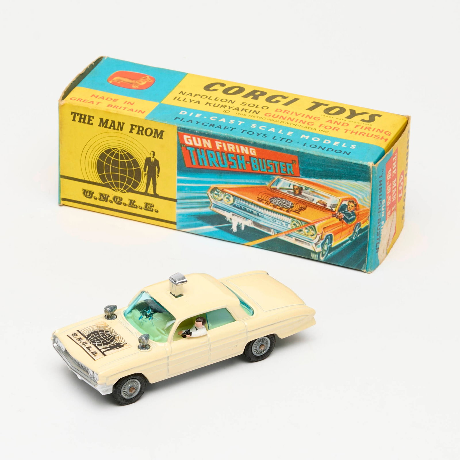 1966 Corgi Toys 497 The Man from U.N.C.L.E. Gun Firing Thrush-Buster Car Unused: 1966 Corgi Toys 497 The Man from U.N.C.L.E. Gun Firing Thrush-Buster Car Unused United Kingdom, 1966 2 h x 6 w x 2 d in (5 x 15 x 5 cm) Oldsmobile Super 8Condition Notes: Complete in box. Near unused 