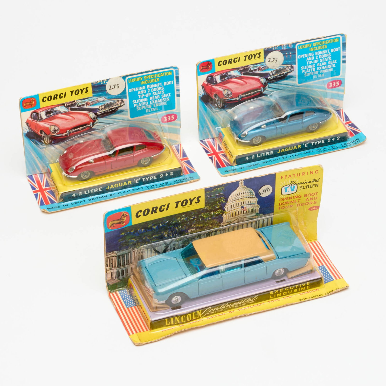 3PC Corgi Toys 262 and 335 Lincoln Continental and 4-2 Litre Jaguar E Type 2+2 Group Boxed (1 of 3)