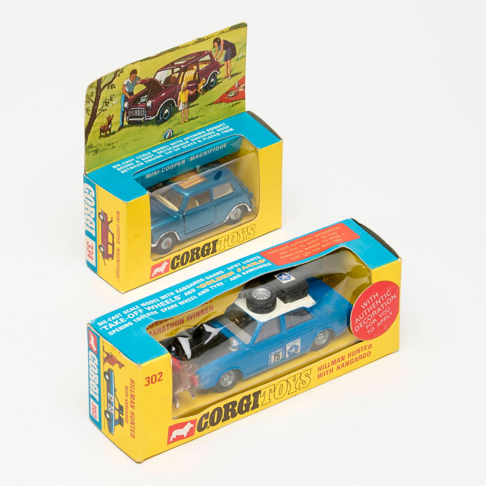 2PC Corgi Toys 302 Hillman Hunter with Kangaroo and 334 Mini-Cooper Magnifique Group Unused (1 of 2)
