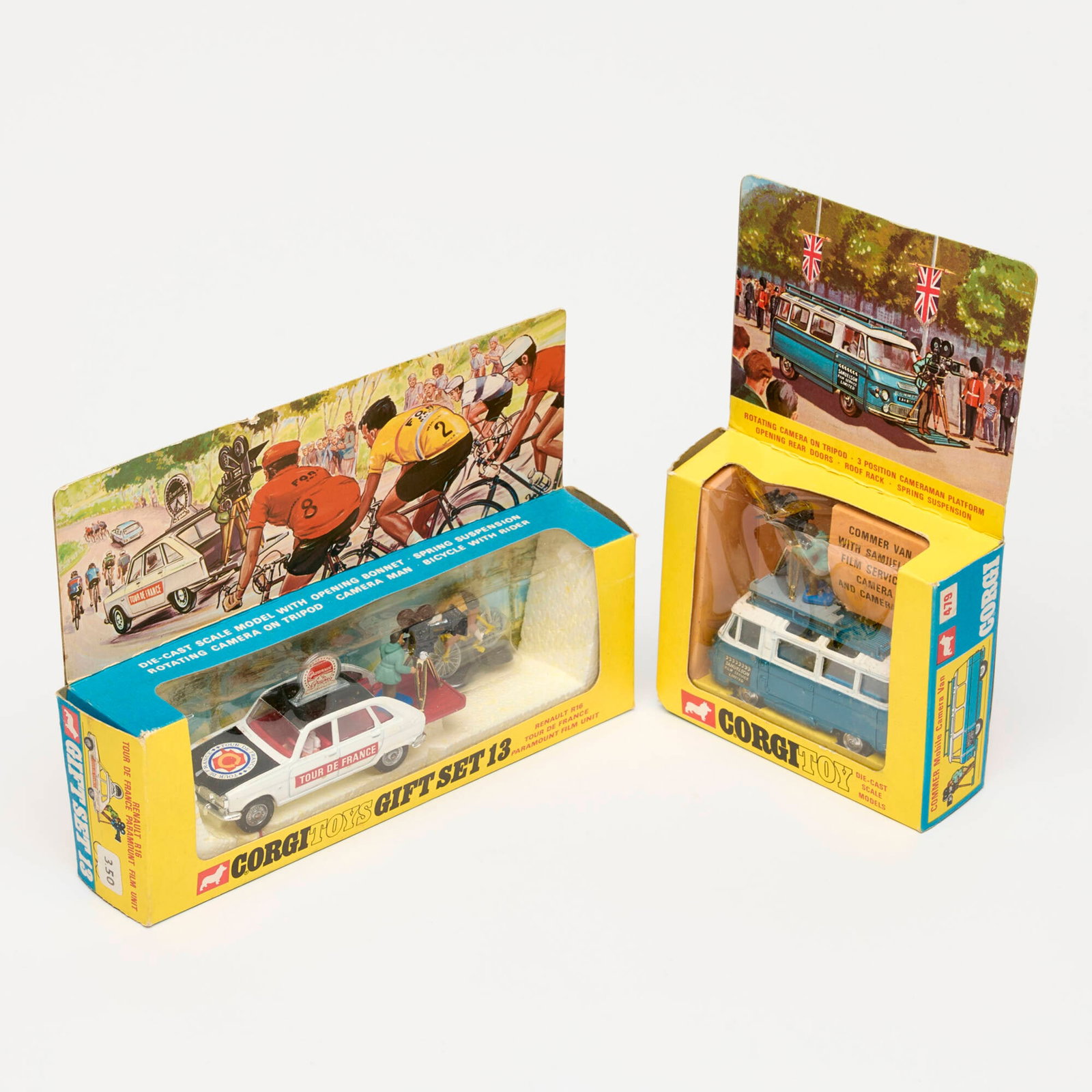 Corgi Toys 479 Commer Mobile Camera Van Gift Set 13 Renault R16 Tour De France Paramount Film Unit: 2PC Corgi Toys 479 Commer Mobile Camera Van and Gift Set 13 Renault R16 Tour De France Paramount Film Unit Group Unused United Kingdom 8.5 h x 5 w x 1.75 d in (22 x 13 x 4 cm) 6.25 h x 9 w x 1.75 d in