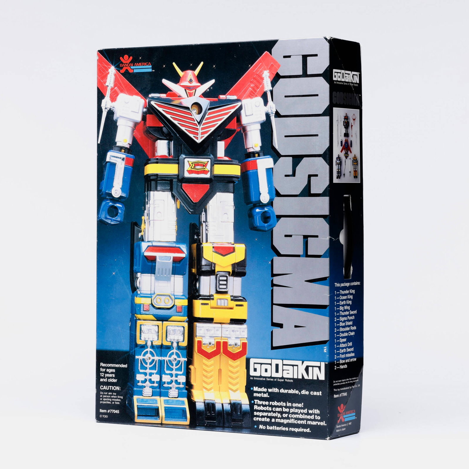 1982 Bandai GoDaikin Godsigma Diecast Robot Factory Unused: 1982 Bandai GoDaikin Godsigma Diecast Robot Factory Unused United States, 1982 20.75 h x 14.75 w x 3.5 d in (53 x 37 x 9 cm) Condition Notes: Factory Unused and complete in box. Price sticker to top o