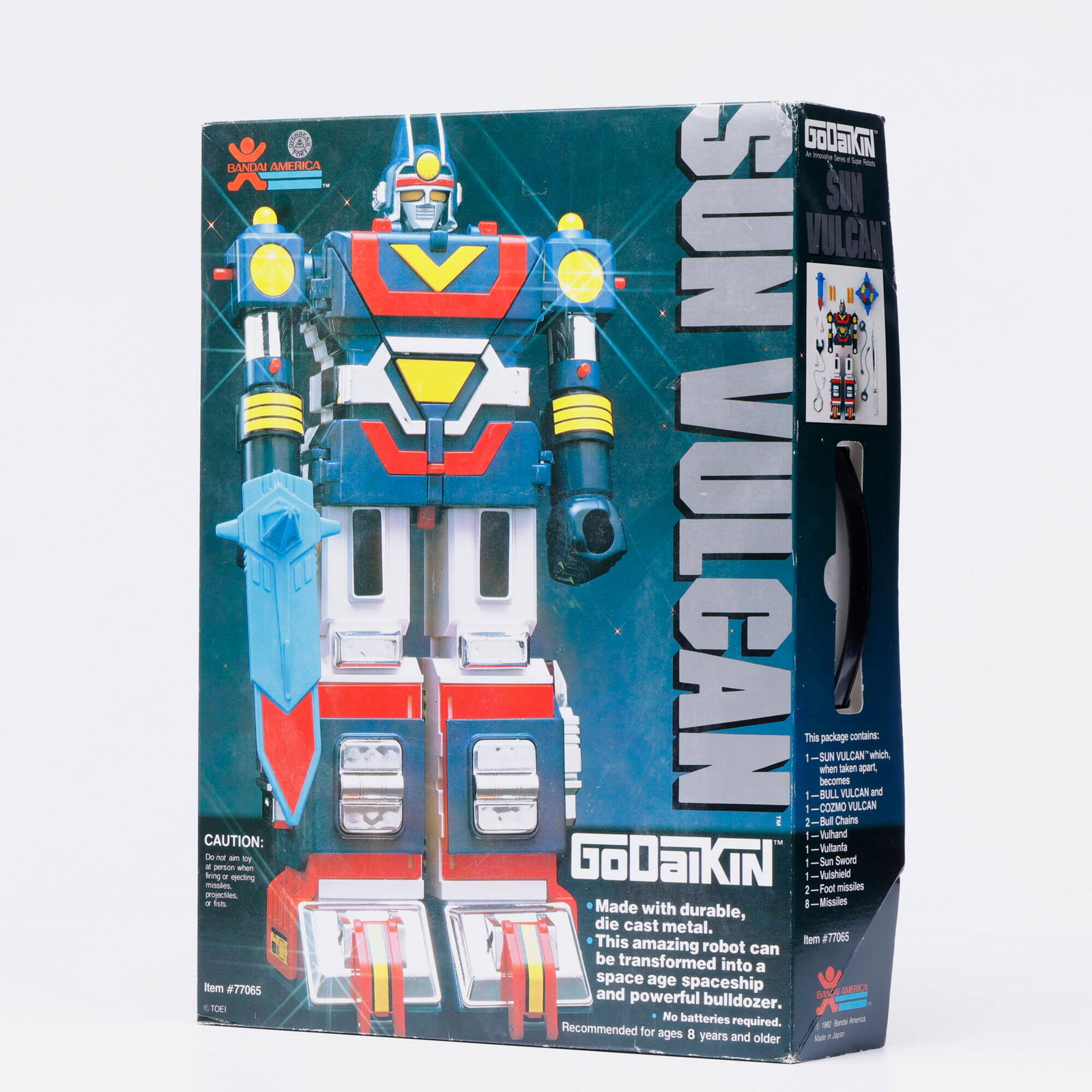 1982 Bandai GoDaikin Sun Vulcan Diecast Robot Factory Unused: 1982 Bandai GoDaikin Sun Vulcan Diecast Robot Factory Unused United States, 1982 16.5 h x 12.5 w x 3.25 d in (42 x 32 x 8 cm) Condition Notes: Factory Unused and complete in box. Slight wear to edges 