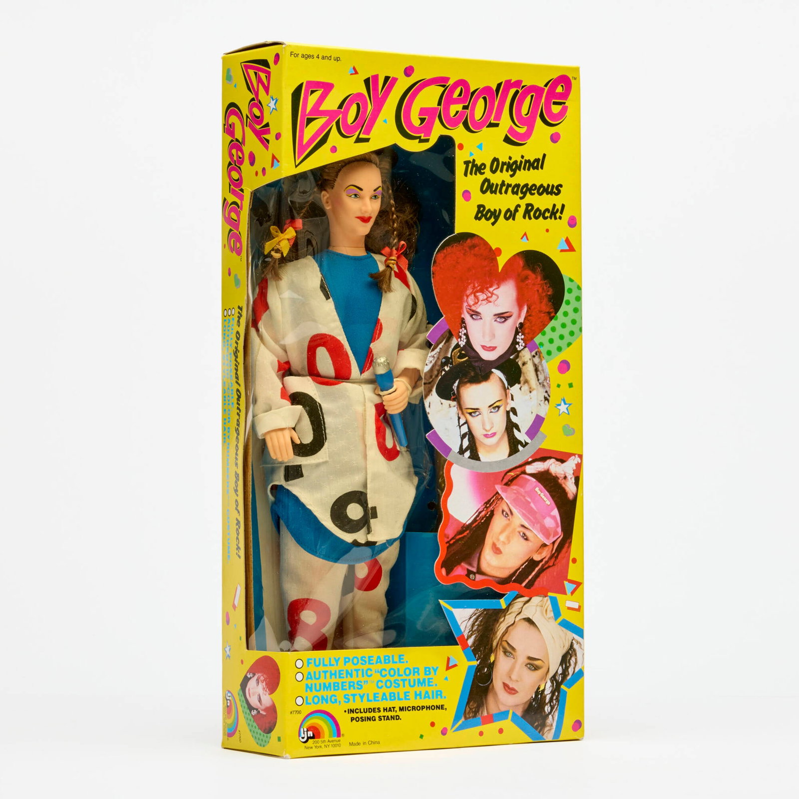 1984 LJN Boy George 12 Inch Doll Factory Sealed: 1984 LJN Boy George 12 Inch Doll Factory Sealed USA, 1984 13.75 h x 7 w x 2.5 d in (35 x 18 x 6 cm) "The Original Outrageous Boy of Rock!"Condition Notes: Factory Sealed. Front plastic window with 5 p