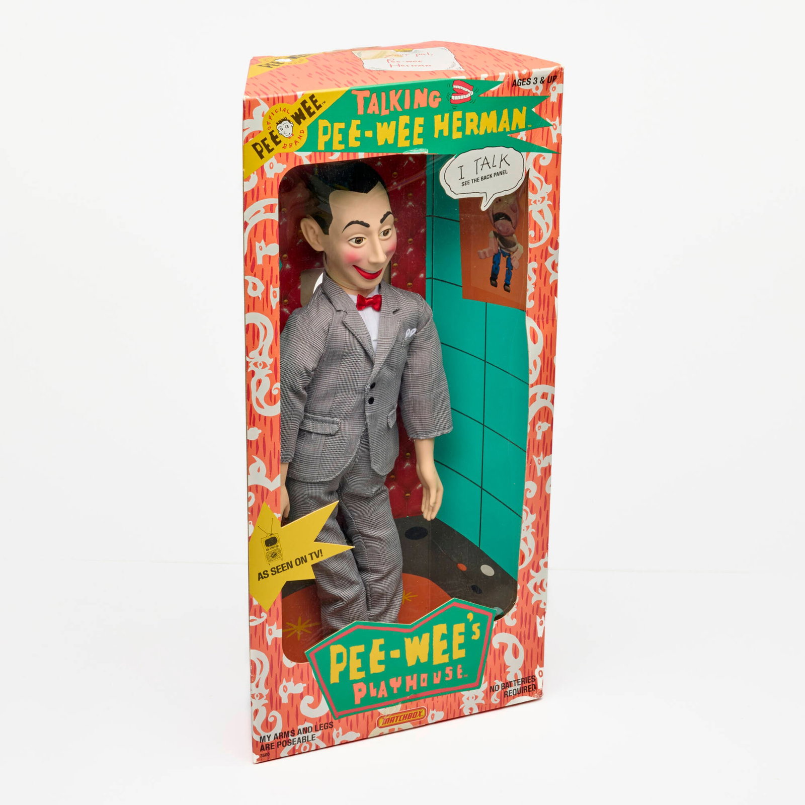 1987 Matchbox Pee-Wee's Playhouse Talking Pee-Wee Herman Factory Sealed: 1987 Matchbox Pee-Wee's Playhouse Talking Pee-Wee Herman Factory Sealed USA, 1987 20.25 h x 10 w x 4.5 d in (51 x 25 x 11 cm) Voice box works.Condition Notes: Factory Sealed. Window starting to detach