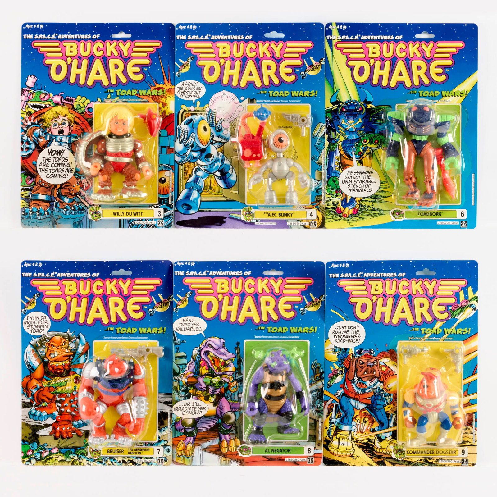 6PC 1990 Hasbro Bucky O'Hare Group Factory Sealed: 6PC 1990 Hasbro Bucky O'Hare Group Factory Sealed USA, 1990 10.5 h x 7.75 w x 2 d in (27 x 20 x 5 cm) 1990 Hasbro Bucky O'Hare Factory Sealed group includes: 3 - Willy Du Witt 4 - A.F.C Blinky (A