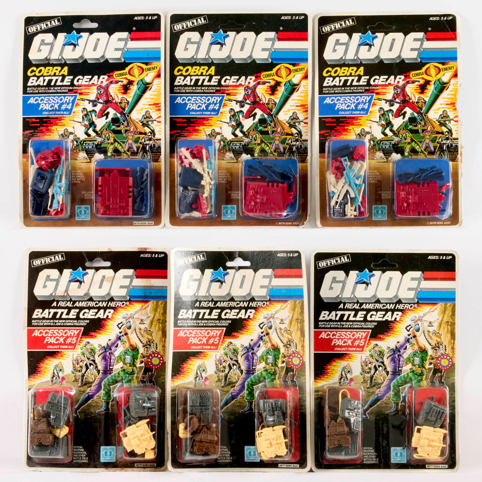 6PC 1986 Hasbro G.I. Joe COBRA Battle Gear Accessory Pack #4 and #5 Group Factory Sealed: 6PC 1986 Hasbro G.I. Joe COBRA Battle Gear Accessory Pack #4 and #5 Group Factory Sealed USA, 1986 9 h x 6 w x 1 d in (23 x 15 x 3 cm) Group includes: 1986 Hasbro G.I. Joe COBRA Battle Gear Accessory 