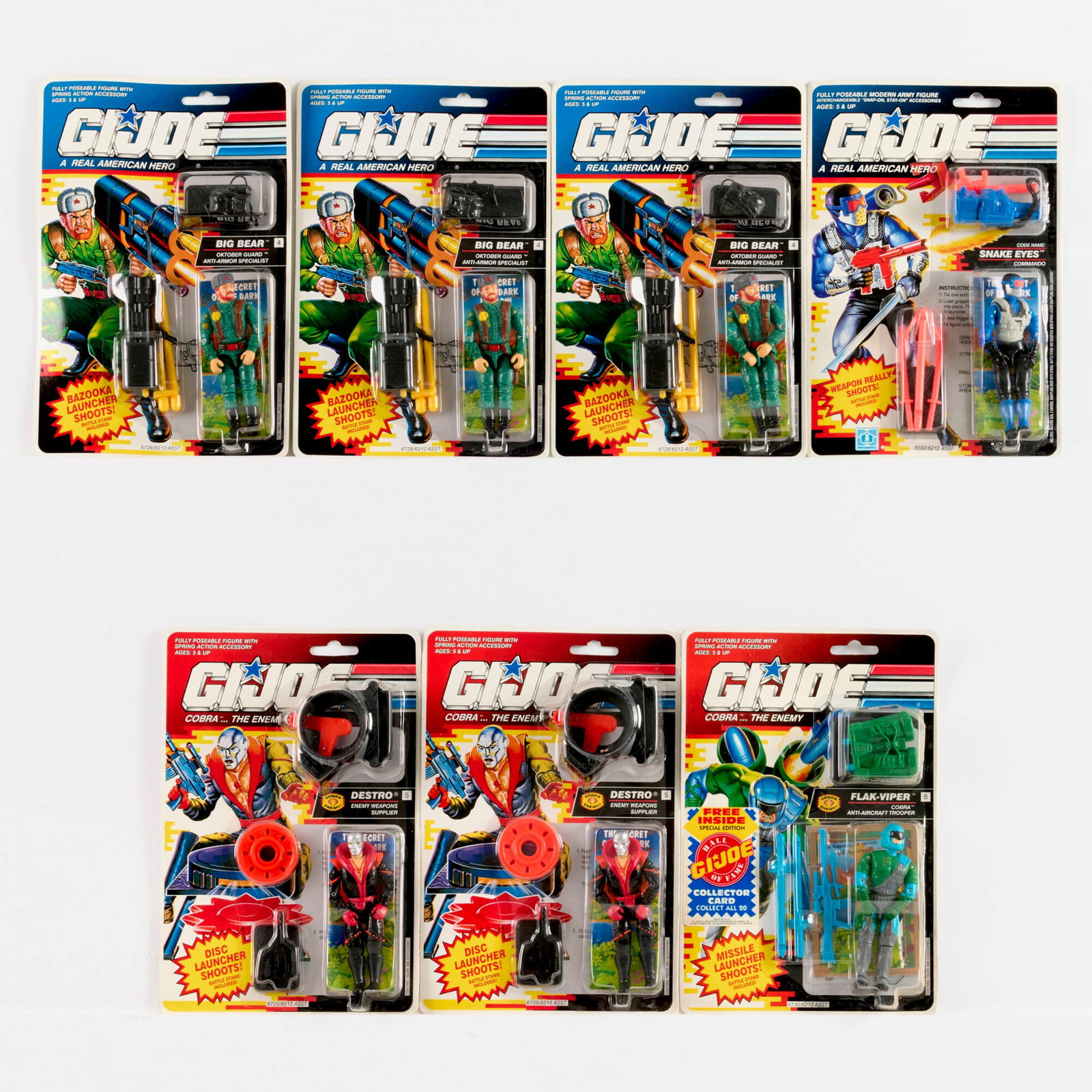7PC 1990-1991 Hasbro G.I. Joe Group Factory Sealed: 7PC 1990-1991 Hasbro G.I. Joe Group Factory Sealed USA, 1990-1991 9 h x 6 w x 1 d in (23 x 15 x 3 cm) Hasbro G.I Joe Factory Sealed group includes: 1990 Snake Eyes, 1991 Big Bear (x3), Destro (x2), Fl