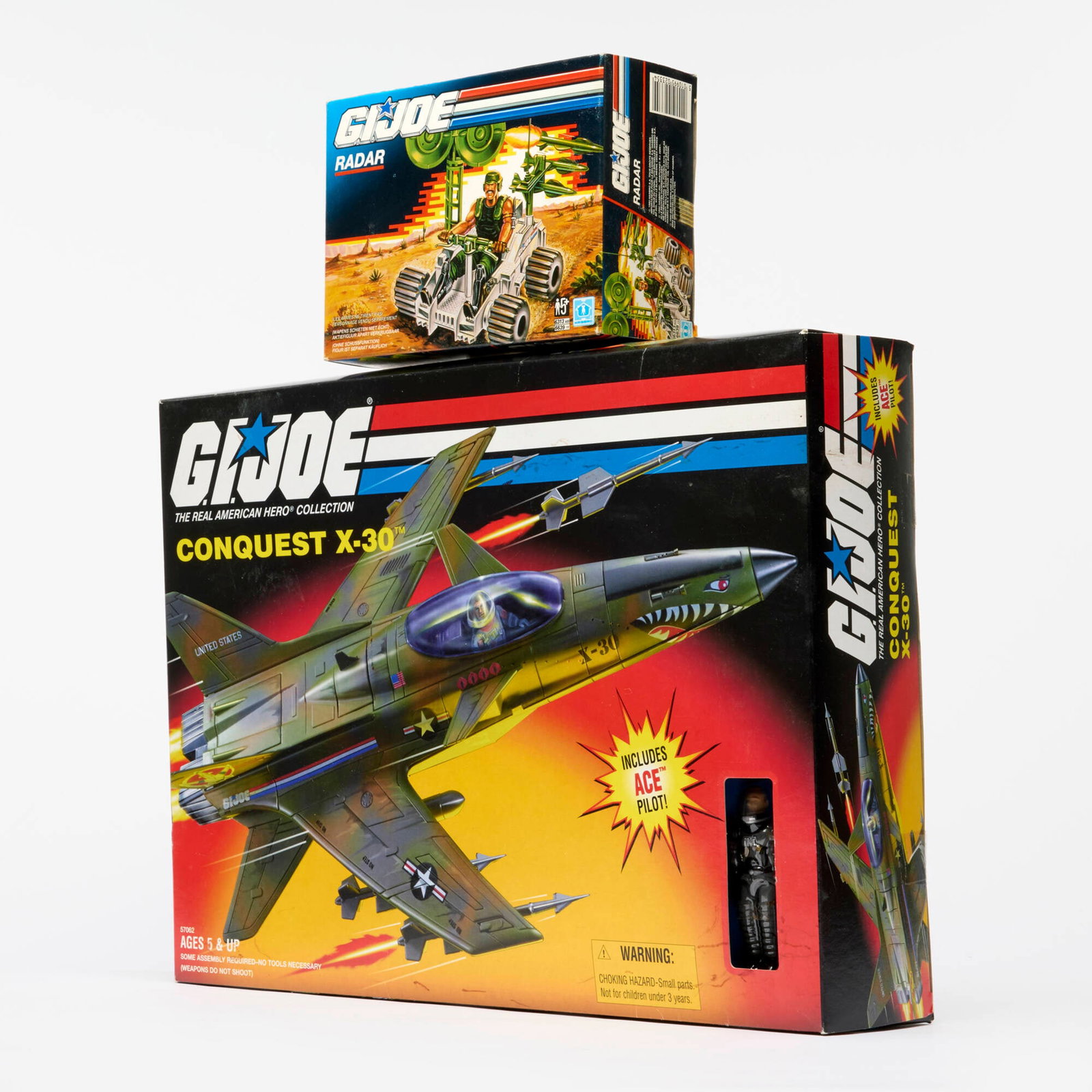 Hasbro and Kenner G.I. Joe Radar [Battlefield Robot Radar] and Conquest X-30 Vehicle Group: 2PC 1990 and 1998 Hasbro and Kenner G.I. Joe Radar [Battlefield Robot Radar] and Conquest X-30 Vehicle Group USA, 1990, 1998 13 h x 7.5 w x 3.5 d in (33 x 19 x 9 cm) 5.5 h x 7.5 w x 3 d in (14 x 19 x 