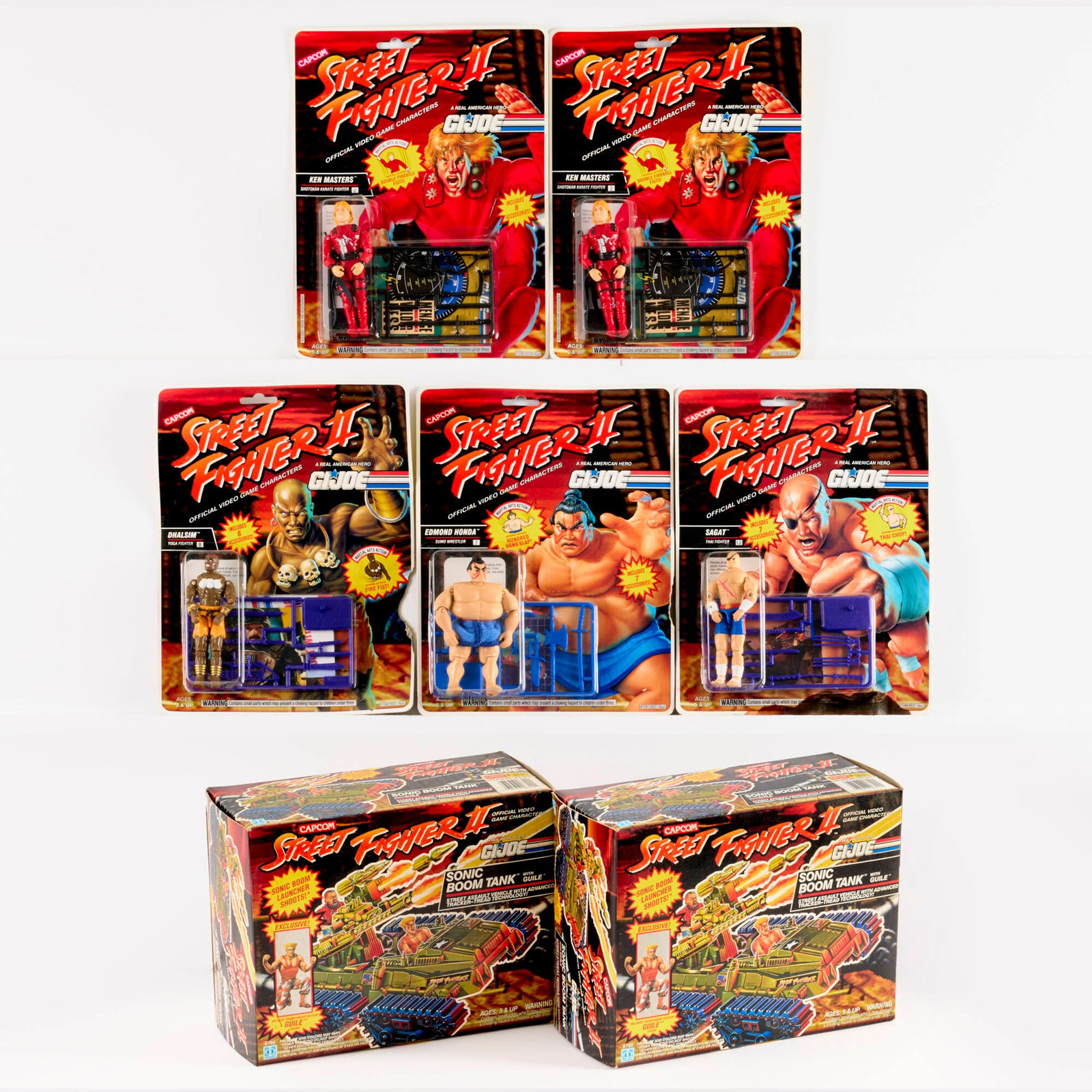 7PC 1993 Hasbro G.I. Joe Street Fighter II Group Factory Sealed: 7PC 1993 Hasbro G.I. Joe Street Fighter II Group Factory Sealed USA, 1993 7 h x 9 w x 4 d in (18 x 23 x 10 cm) 10 h x 7.75 w x 1.25 d in (25 x 20 x 3 cm) 1993 Hasbro G.I. Joe Street Fighter II Factory