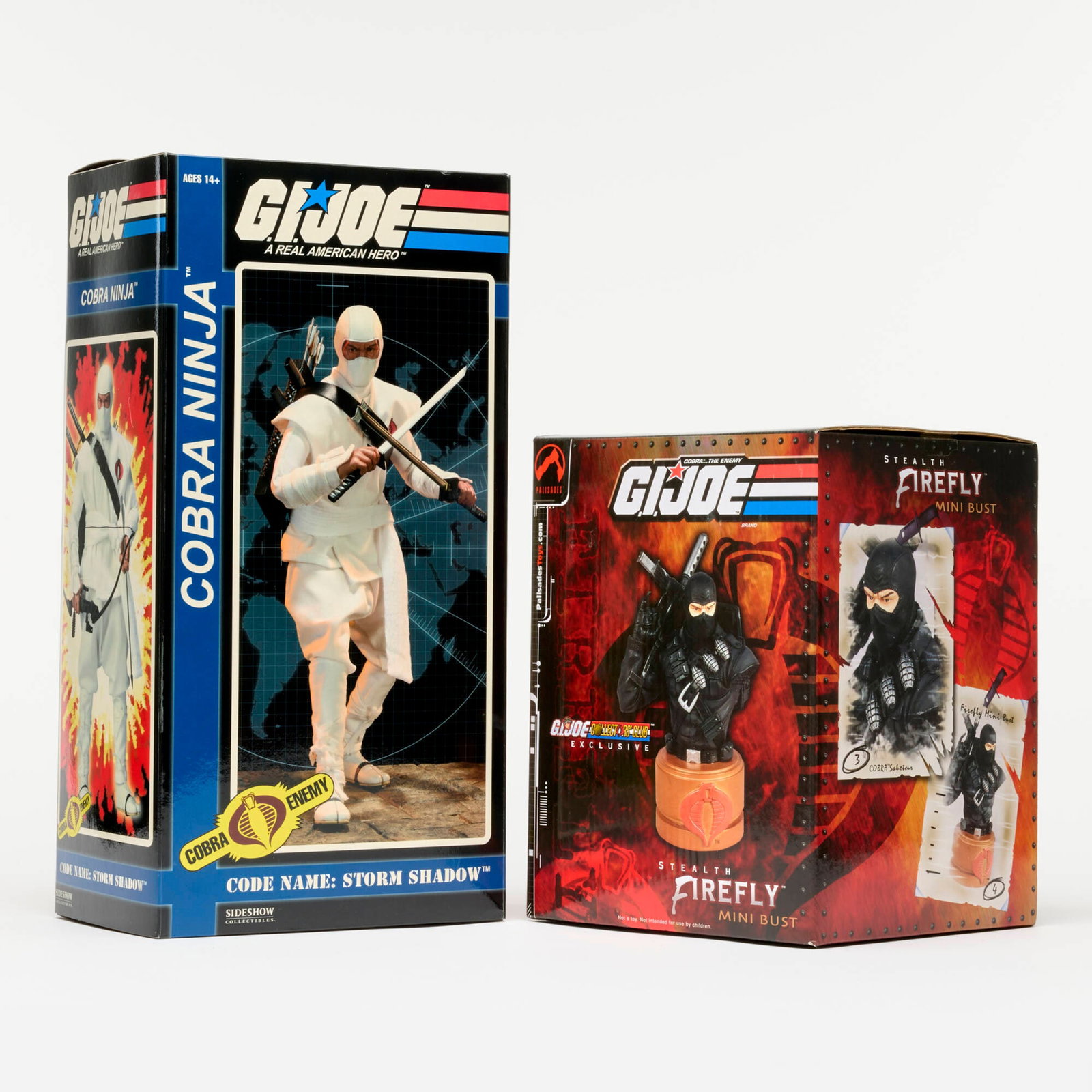 Palisades Toys Sideshow Collectibles G.I. Joe Stealth Firefly Mini Bust Cobra Ninja Code Name: 2PC 2003-2009 Palisades Toys and Sideshow Collectibles G.I. Joe Stealth Firefly Mini Bust and Cobra Ninja Code Name: Storm Shadow Group USA, 2003 and 2009 9 h x 7 w x 6.5 d in (23 x 18 x 17 cm) 14 h x