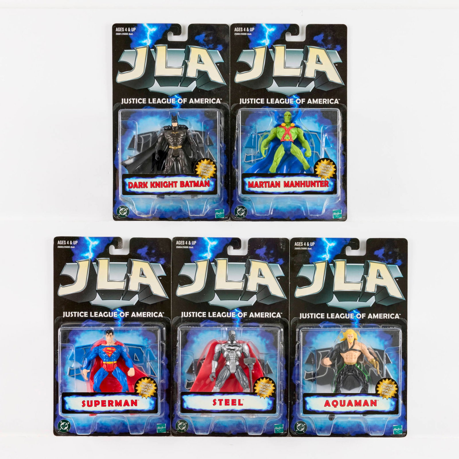 Hasbro JLA Justice League of America Factory Sealed Production Sample Green Tag: 5PC 1998 Hasbro JLA Justice League of America Factory Sealed Production Sample Green Tag Standard Group USA, 1998 12 h x 7.25 w x 2 d in (30 x 18 x 5 cm) 1998 Hasbro JLA Factory Sealed group includes: