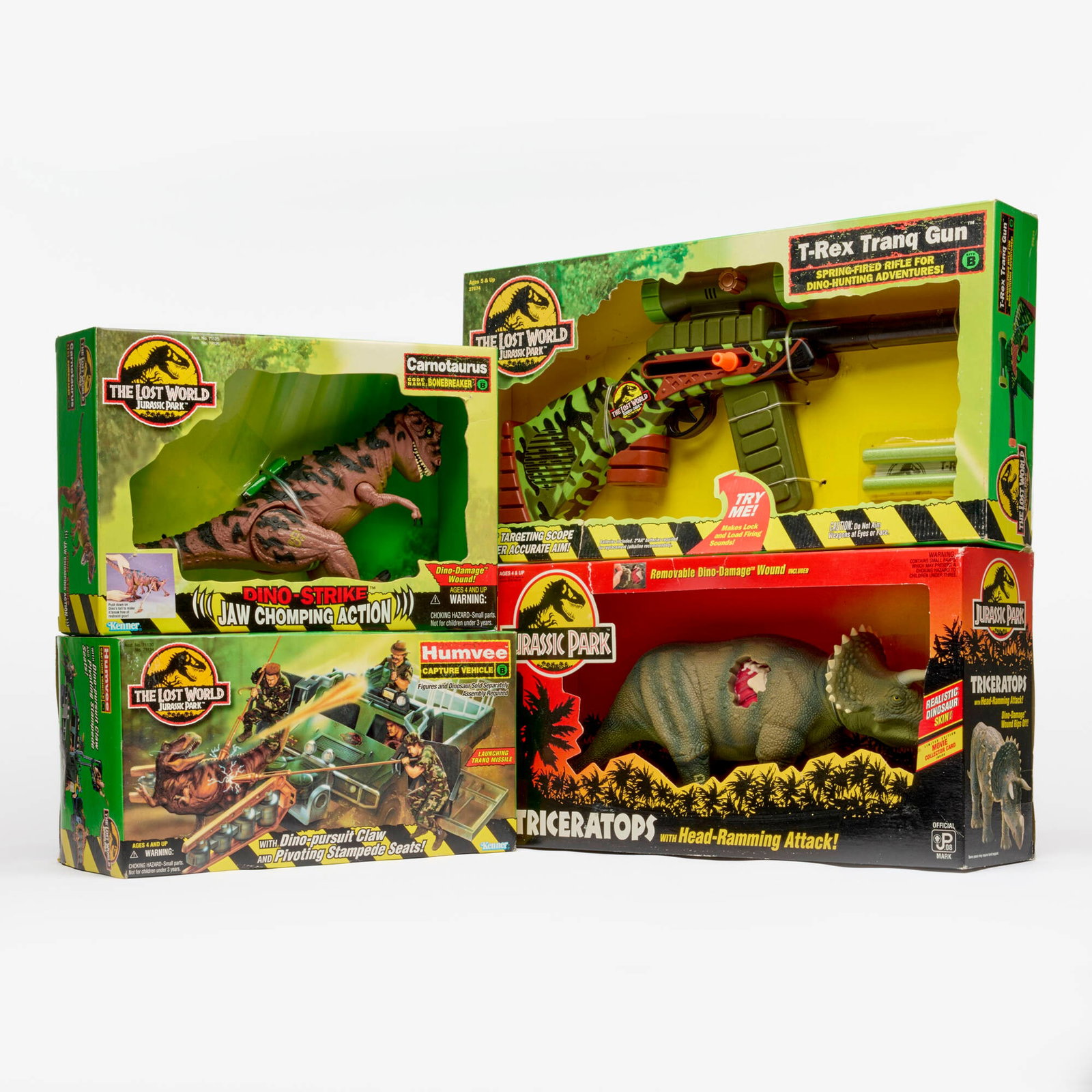 4PC 1993-1997 Kenner Jurassic Park and Jurassic Park The Lost World Group Factory Sealed: 4PC 1993-1997 Kenner Jurassic Park and Jurassic Park The Lost World Group Factory Sealed USA, 1993, 1997 9 h x 17 w x 4.25 d in (23 x 43 x 11 cm) 9 h x 13.25 w x 4.25 d in (23 x 34 x 11 cm) 7 h x 13 w