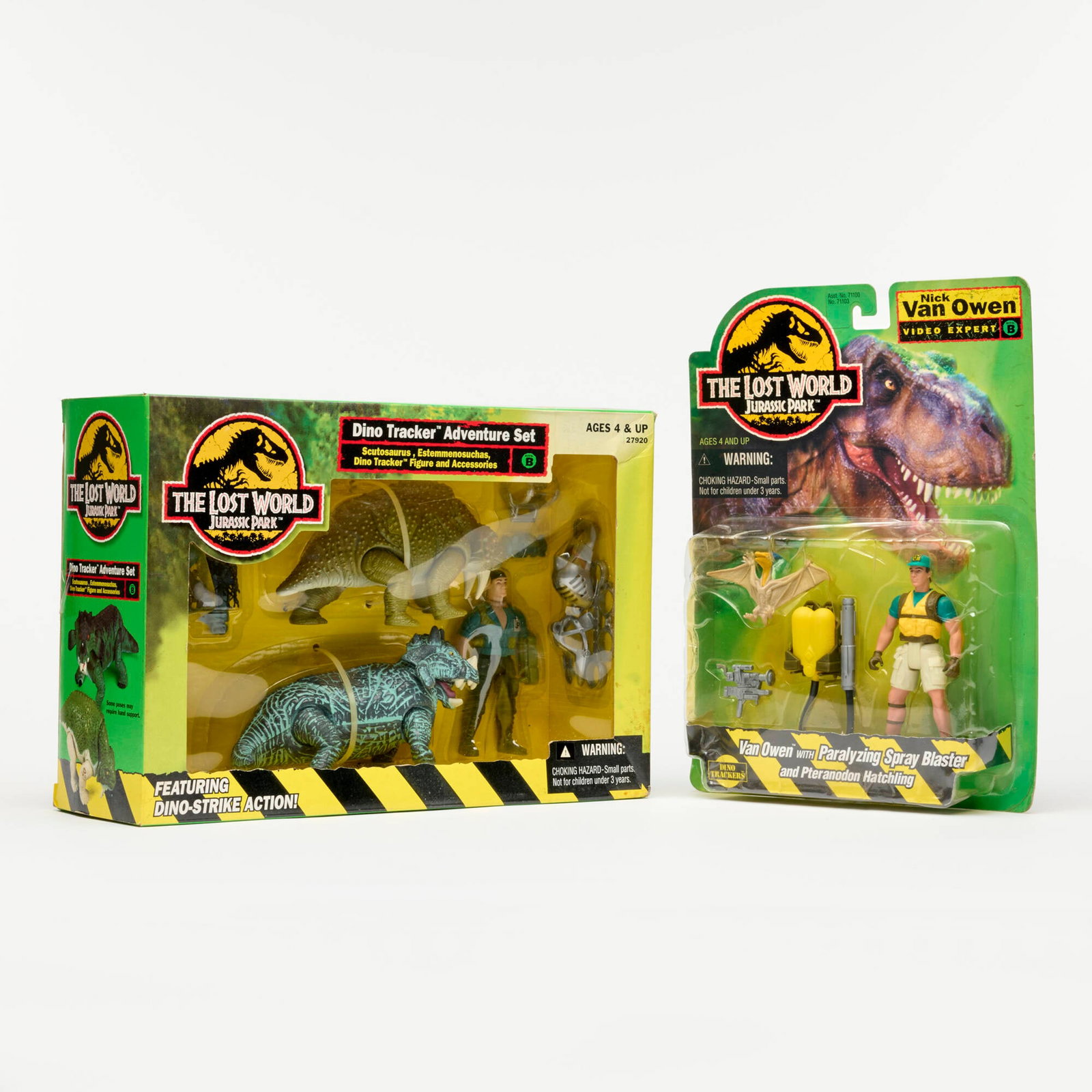 Kenner Jurassic Park: The Lost World Nick Van Owen and Dino Tracker Adventure Set: 2PC 1996-1997 Kenner Jurassic Park: The Lost World Nick Van Owen and Dino Tracker Adventure Set Group Factory Sealed USA, 1996-1997 9 h x 13 w x 4.5 d in (23 x 33 x 11 cm) 12 h x 9 w x 2 d in (30 x 23