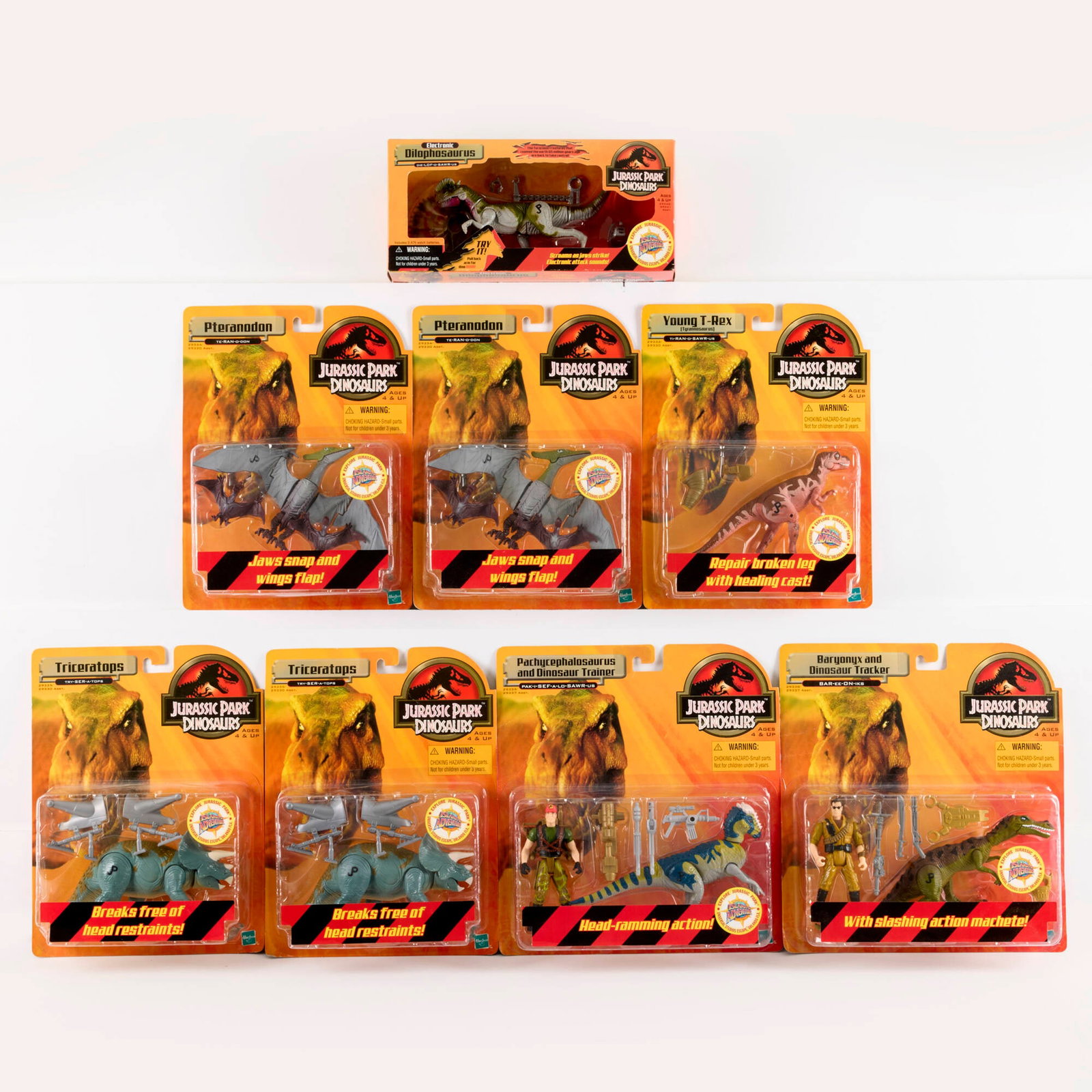 8PC 1999 Hasbro Jurassic Park Dinosaurs Group Factory Sealed: 8PC 1999 Hasbro Jurassic Park Dinosaurs Group Factory Sealed USA 12 h x 9 w x 2.5 d in (30 x 23 x 6 cm) 12 h x 11 w x 2.5 d in (30 x 28 x 6 cm) 5 h x 11 w x 2.5 d in (13 x 28 x 6 cm) 1999 Hasbro Juras