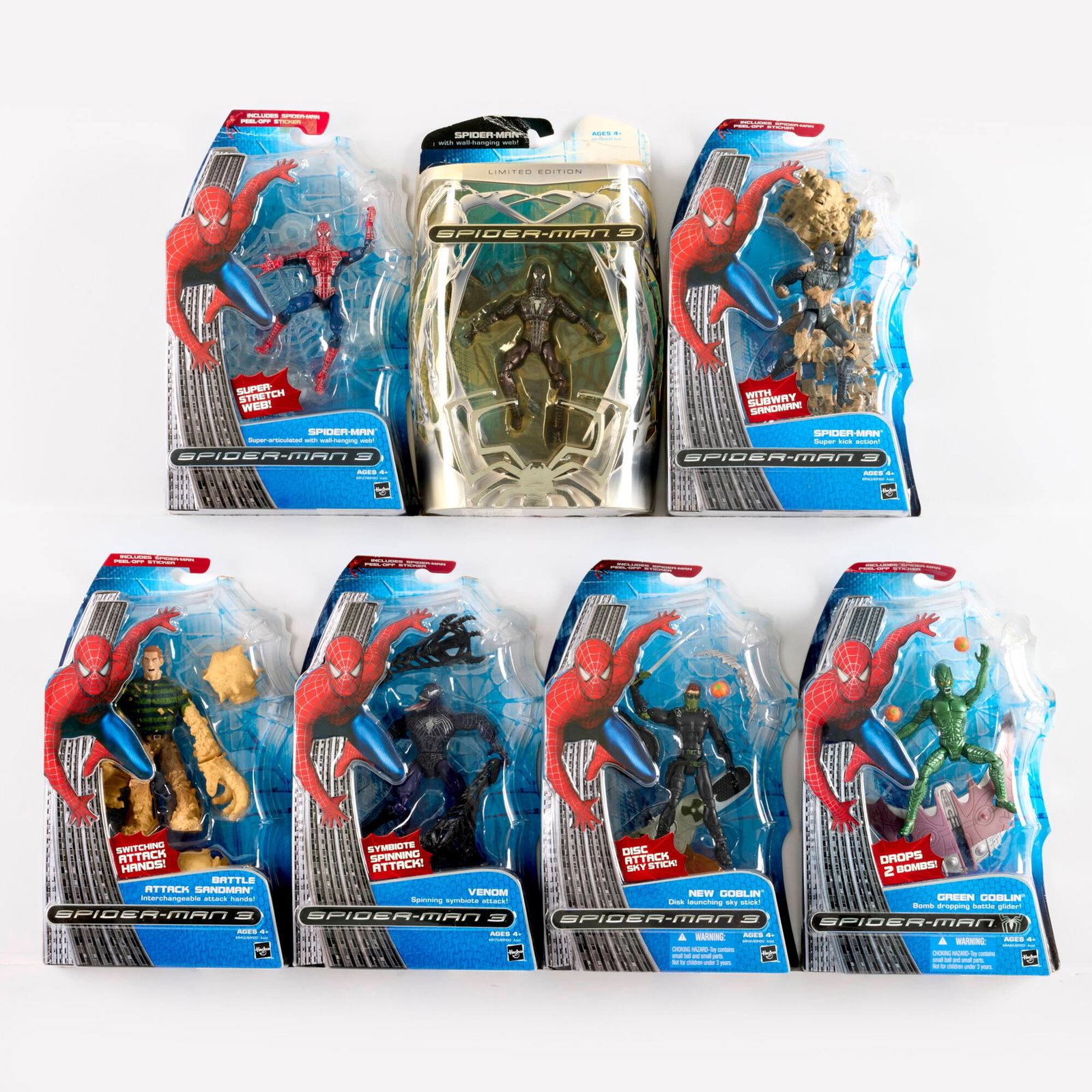 7PC 2007 Hasbro Spider-Man 3 Group Factory Sealed: 7PC 2007 Hasbro Spider-Man 3 Group Factory Sealed USA, 2007 12 h x 7.5 w x 2 d in (30 x 19 x 5 cm) Hasbro Factory Sealed group includes: 2007 Spider-Man Green Goblin (Bomb Drop Battle Glider); 2007 Sp
