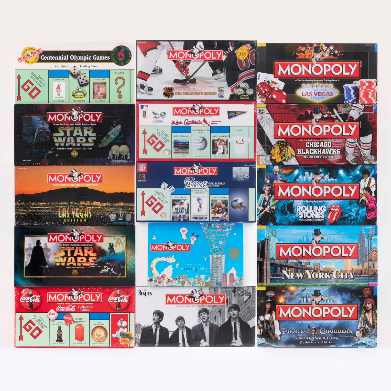 15PC 1996-2011 Hasbro Milton Bradley and USAopoly Monopoly Group Factory Sealed: 15PC 1996-2011 Hasbro Milton Bradley and USAopoly Monopoly Group Factory Sealed USA, 1996-2011 10 h x 20 w x 1.5 d in (25 x 51 x 4 cm) 10 h x 20 w x 2.25 d in (25 x 51 x 6 cm) 10.75 h x 16 w x 2.25 d 