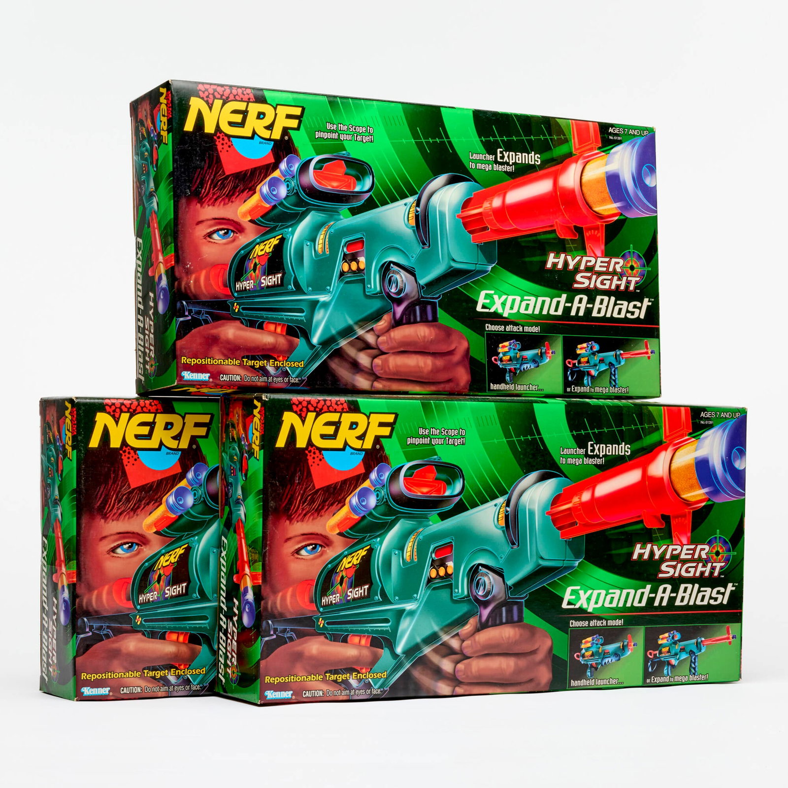 3PC 1997 Kenner Nerf Hyper Sight Expand-A-Blast Group Factory Sealed: 3PC 1997 Kenner Nerf Hyper Sight Expand-A-Blast Group Factory Sealed USA, 1997 9.5 h x 18.25 w x 3.5 d in (24 x 46 x 9 cm) Group includes: 1997 Kenner Nerf Hyper Sight Expand-A-Blast Factory Sealed (x