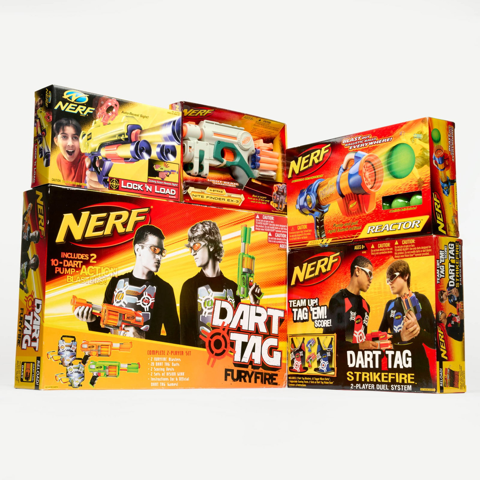 5PC Kenner and Hasbro Nerf Group Factory Sealed: 5PC Kenner and Hasbro Nerf Group Factory Sealed USA, 1998-2008 largest: 14 h x 22 w x 4 d in (36 x 56 x 10 cm) smallest: 7 h x 11 w x 2.5 d in (18 x 28 x 6 cm) Factory Sealed group includes: 1998 Kenn