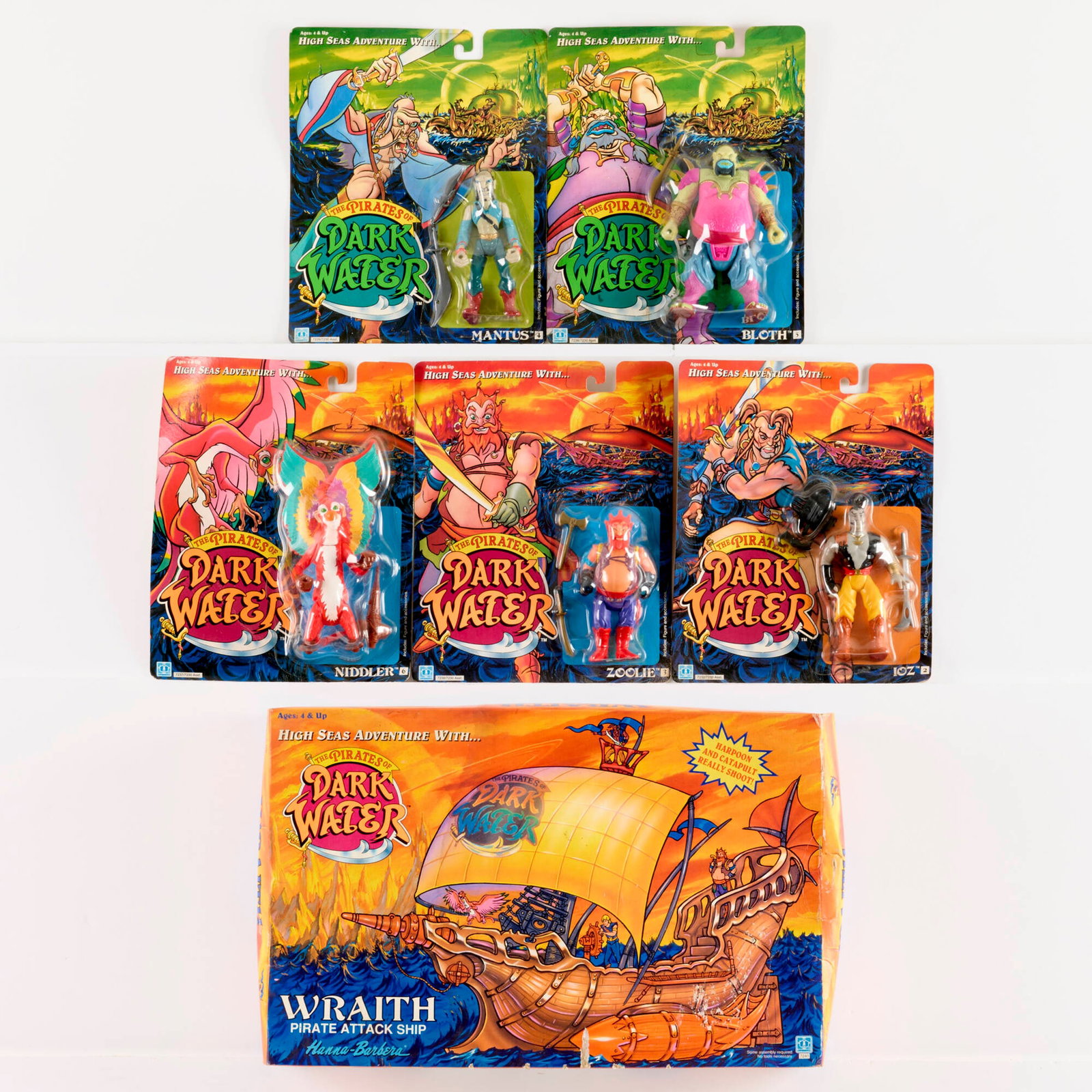 6PC 1990-1991 Hasbro Pirates of Dark Water Group Factory Sealed: 6PC 1990-1991 Hasbro Pirates of Dark Water Group Factory Sealed USA, 1990-1991 11 h x 18 w x 5 d in (28 x 46 x 13 cm) 10.5 h x 9.8 w x 1.5 d in (27 x 25 x 4 cm) Hasbro Pirates of Dark Water Factory Se