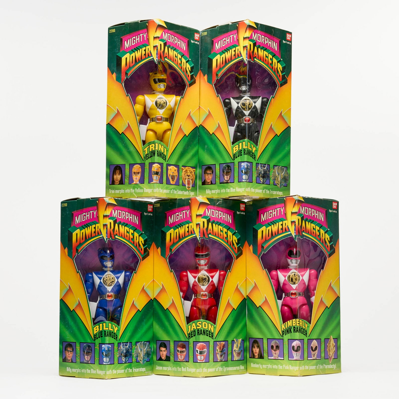 5PC 1993 Bandai Mighty Morphin Power Rangers 6 Inch Group Factory Sealed: 5PC 1993 Bandai Mighty Morphin Power Rangers 6 Inch Group Factory Sealed USA, 1993 11 h x 6 w x 3 d in (28 x 15 x 8 cm) 1993 6 Inch Factory Sealed group includes: Red Ranger Jason, Black Ranger Zach, 
