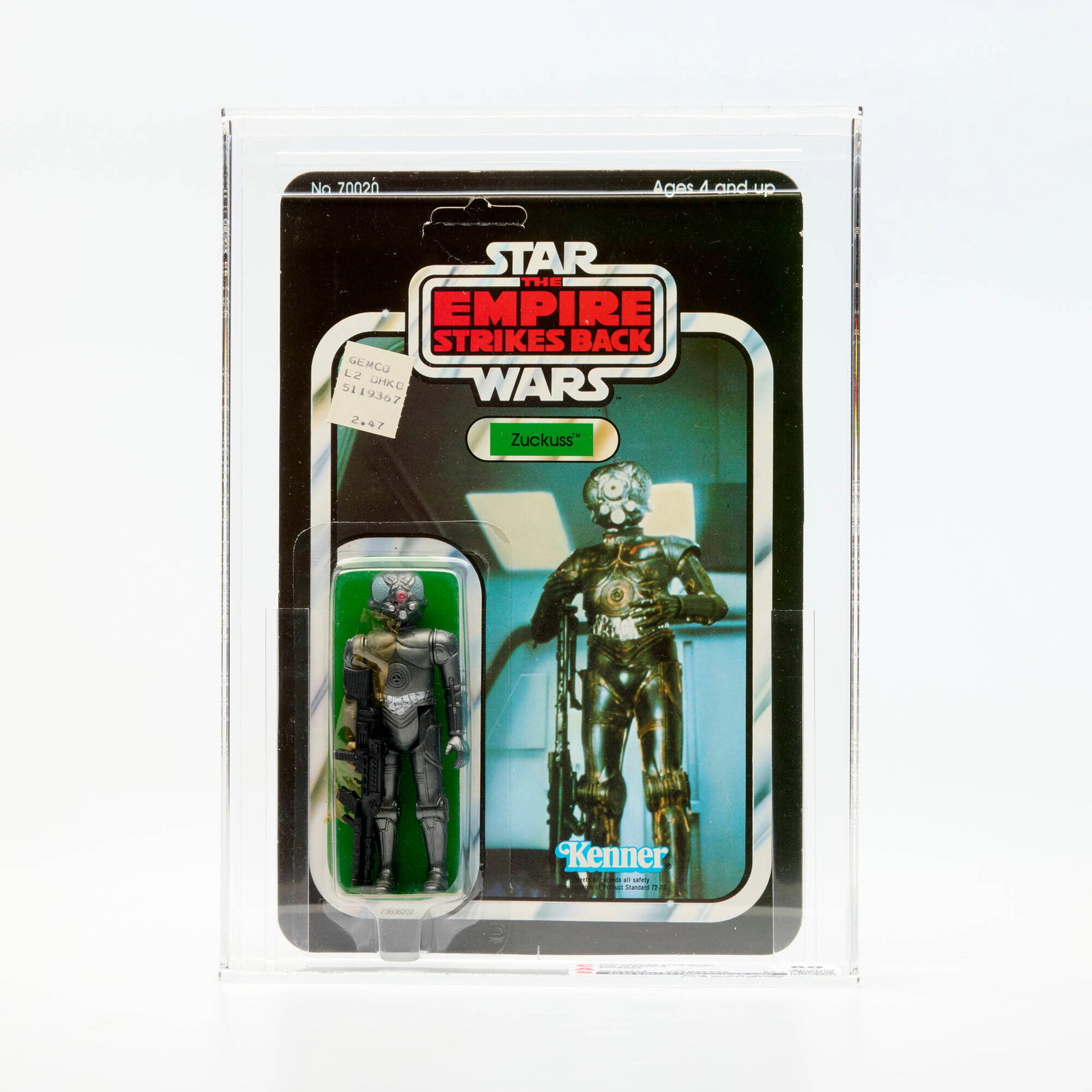 1982 Kenner Star Wars ESB 48 Back-A Zuckuss CAS 80: 1982 Kenner Star Wars ESB 48 Back-A Zuckuss CAS 80 USA, 1982 This Zuckuss action figure has an unpunched card with original price sticker. CAS#: 20232343 Grader Notes: C:75 B:80 F:90 (80.7)