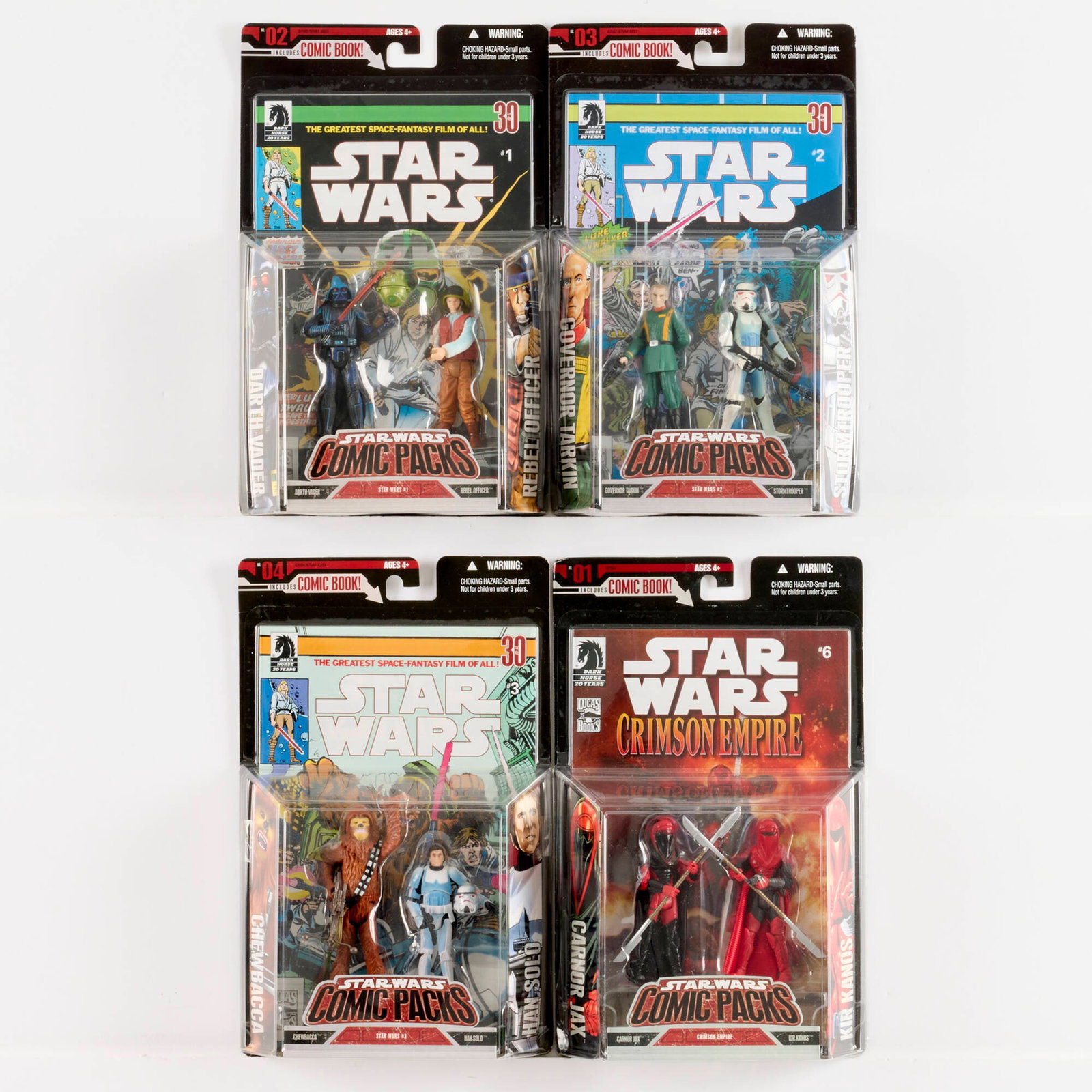 4PC 2006 Hasbro Star War Comic Pack Group Factory Sealed: 4PC 2006 Hasbro Star War Comic Pack Group Factory Sealed USA, 2006 12 h x 7.5 w x 2 d in (30 x 19 x 5 cm) Factory Sealed group includes: 2006 Hasbro Star Wars Comic Pack 01 - Dark Horse Crimson Empire