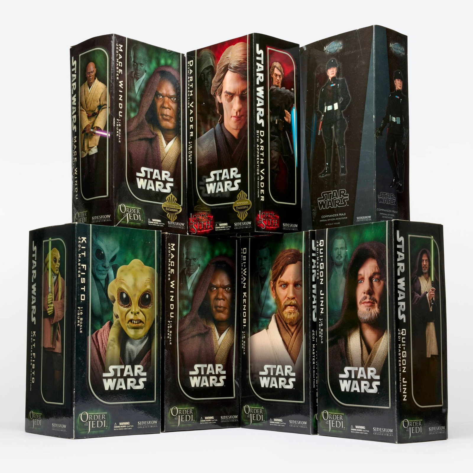 7PC 2006 and 2008 Sideshow Star Wars 1:6 Scale Figure Group Factory Unused: 7PC 2006 and 2008 Sideshow Star Wars 1:6 Scale Figure Group Factory Unused USA, 2006 and 2008 14 h x 7 w x 5 d in (36 x 18 x 13 cm) 14 h x 7 w x 6.25 d in (36 x 18 x 16 cm) 14 h x 7 w x 3.5 d in (36 x