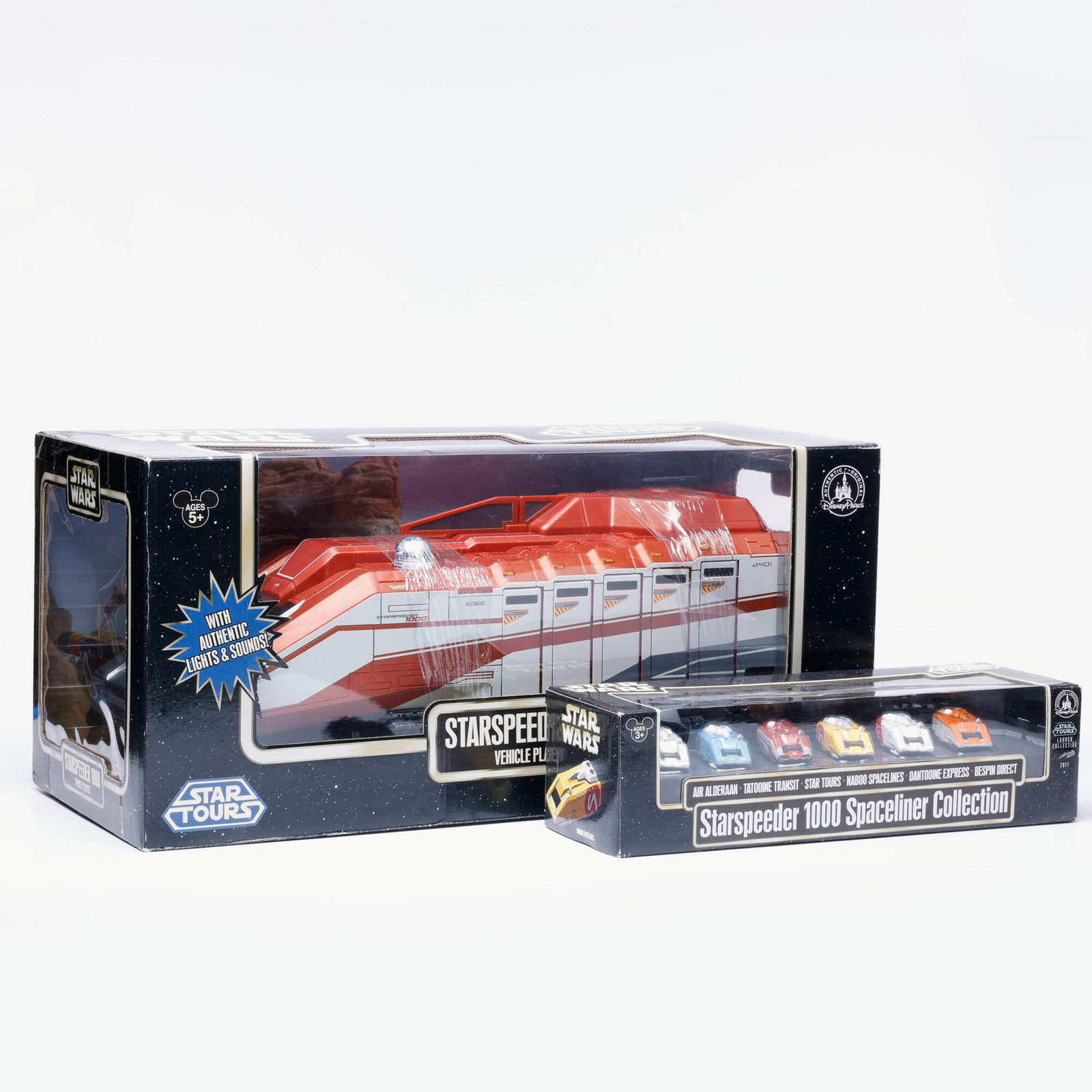 Disney Star Wars Star Tours Starspeeder 1000 Vehicle Playset and Starspeeder 1000 Spaceliner: 2PC 2011 Disney Star Wars Star Tours Starspeeder 1000 Vehicle Playset and Starspeeder 1000 Spaceliner Collection Group Factory Sealed USA, 2011 3.75 h x 14 w x 4.5 d in (10 x 36 x 11 cm) 10 h x 22 w x