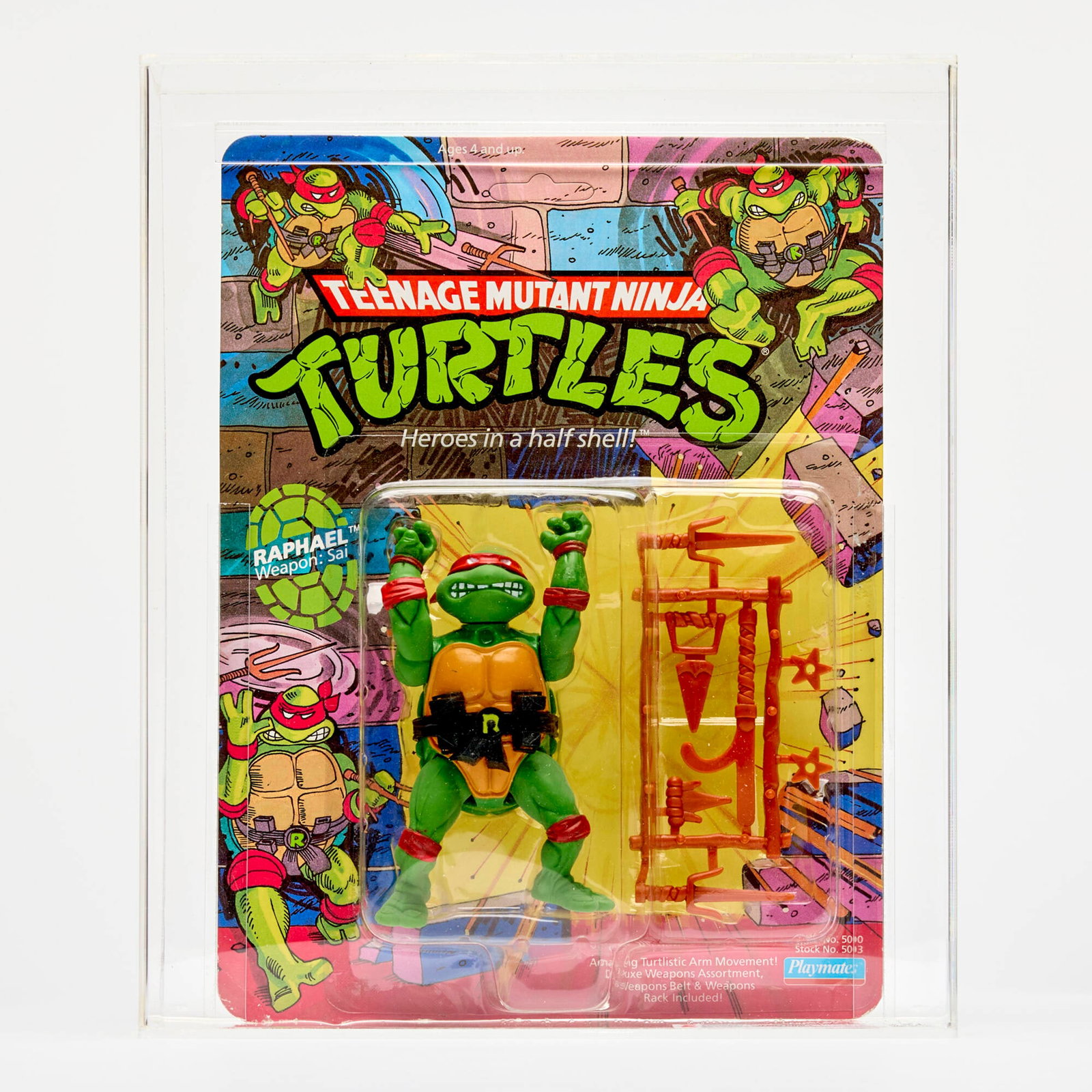 1988 Playmates Teenage Mutant Ninja Turtles Raphael Series 1 10 Back CAS 75+: 1988 Playmates Teenage Mutant Ninja Turtles Raphael Series 1 10 Back CAS 75+ USA, 1988 11 h x 9.25 w x 2.25 d in (28 x 23 x 6 cm) CAS#: 20258194 Grader Notes: C:75 B:80 F:80 (79.3)