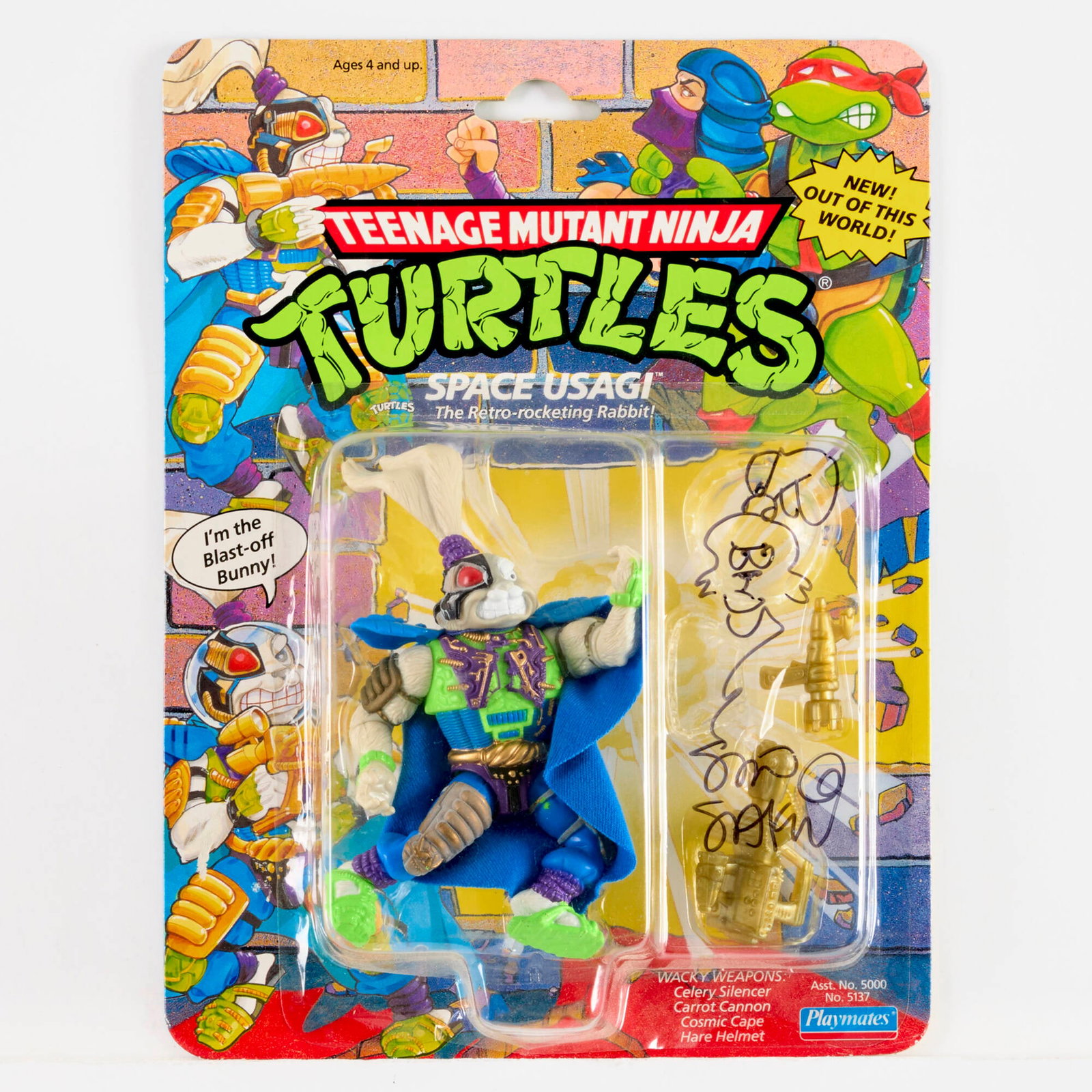 Playmates Teenage Mutant Ninja Turtles Space Usagi Factory Sealed Signed and Sketch by Stan Sakai: 1991 Playmates Teenage Mutant Ninja Turtles Space Usagi Factory Sealed Signed and Sketch by Stan Sakai USA, 1991 10.5 h x 8 w x 2.25 d in (27 x 20 x 6 cm) Factory Sealed. Signed and sketch by Stan Sak