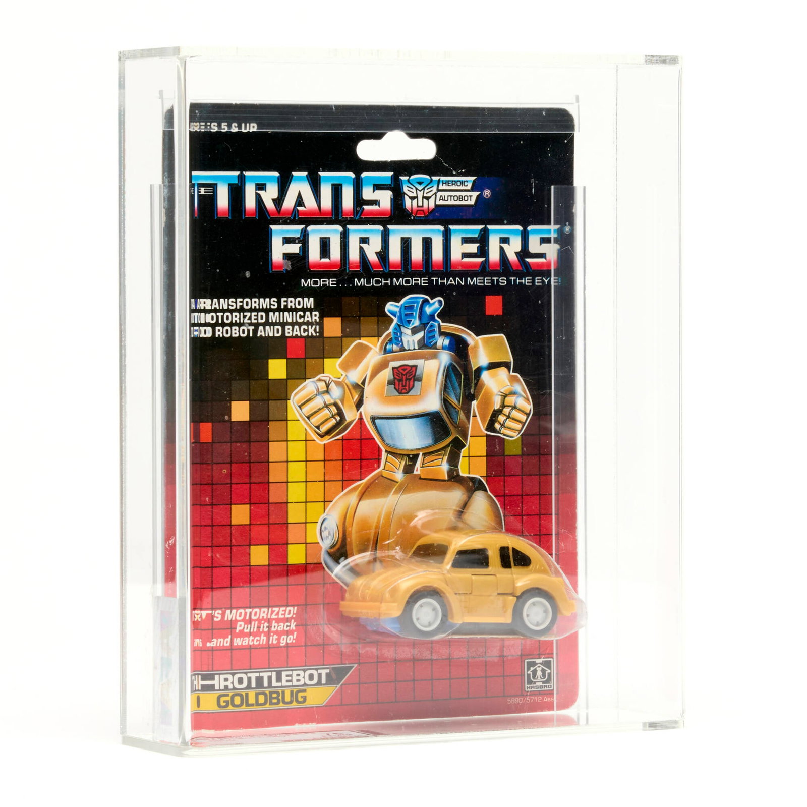 1987 Hasbro Transformers Series 4 Throttlebot Goldbug AFA 75: 1987 Hasbro Transformers Series 4 Throttlebot Goldbug AFA 75 USA, 1987 8.5 h x 7 w x 2 d in (22 x 18 x 5 cm) AFA#: 11796920 Grader Notes: B85 F90 C75 Population: 4 in 75, 6 higher Conditi