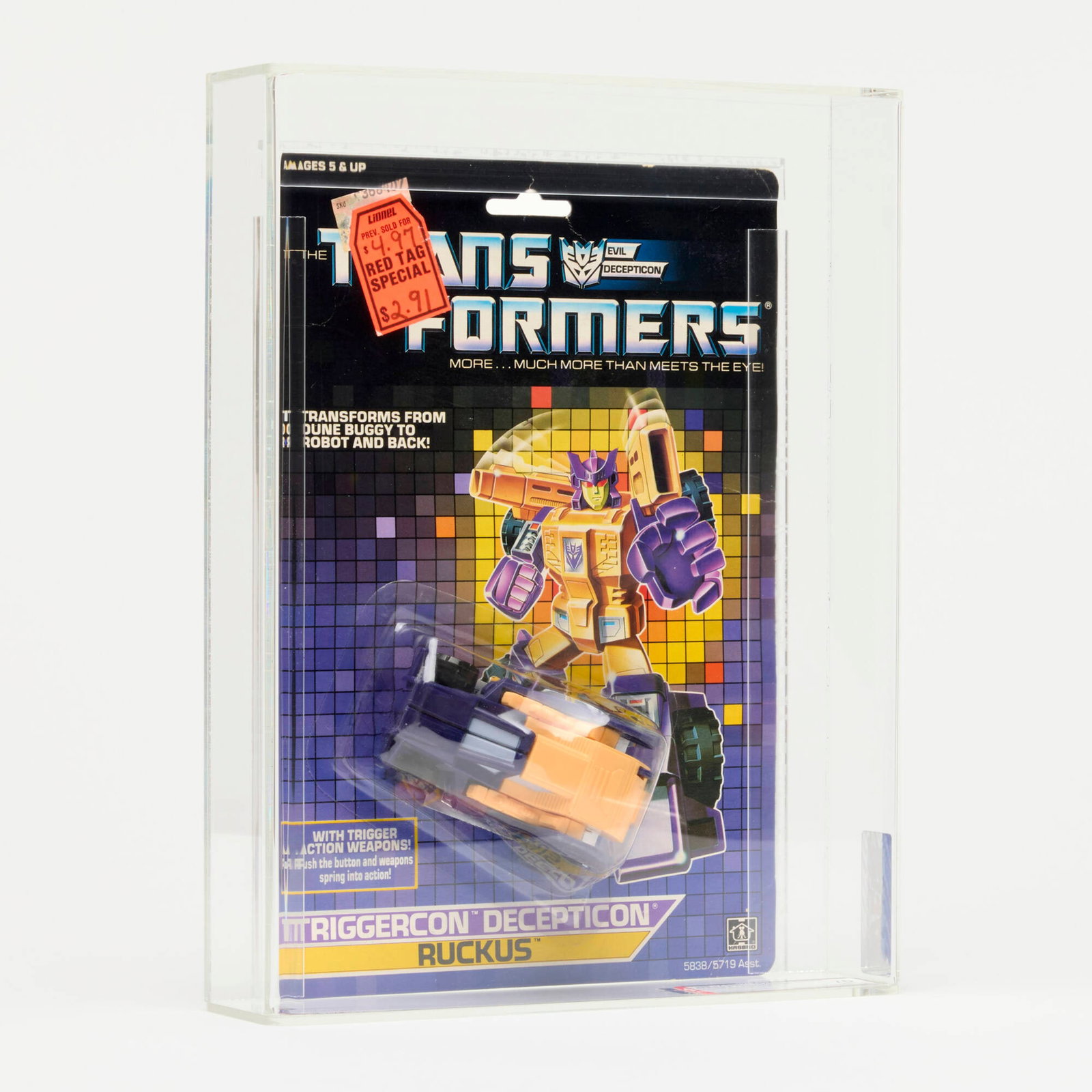 1988 Hasbro Transformers Series 5 Triggercon Ruckus AFA 70: 1988 Hasbro Transformers Series 5 Triggercon Ruckus AFA 70 USA, 1988 10.75 h x 8.25 w x 2 d in (27 x 21 x 5 cm) AFA#: 18098632 Grader Notes: B85 F85 C70 Population: 2 in 70, 15 higher Con